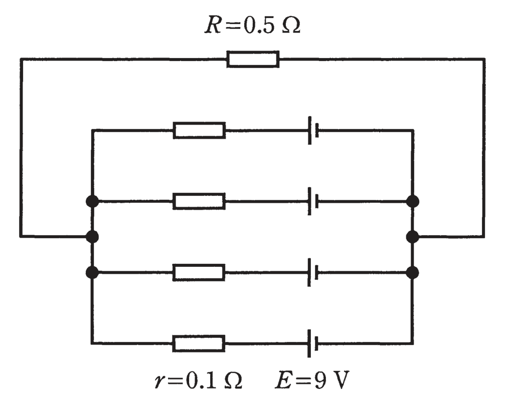 図　内部抵抗r=0.1Ω・起電力E=9Vの電池4個並列と負荷R=0.5Ωの回路（問題図）