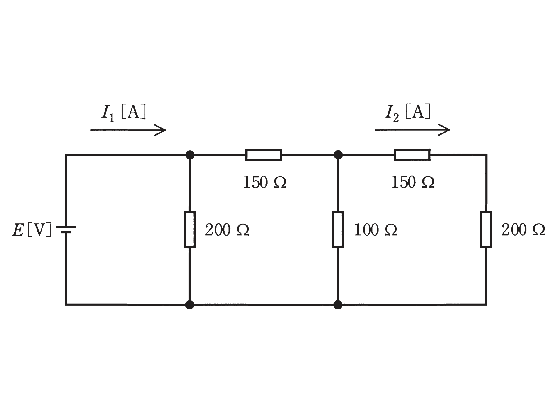 図 E=5Vと150Ω×2・200Ω×2・100Ωのラダー(直並列)回路(問題図)
