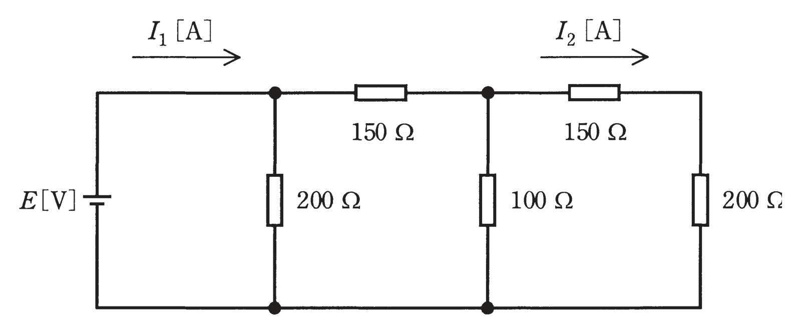 図　E=5Vと150Ω×2・200Ω×2・100Ωのラダー（直並列）回路（問題図）