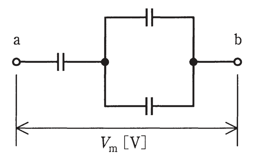 図　1μFのコンデンサ3個（C₁直列＋C₂・C₃並列）の回路（問題図）