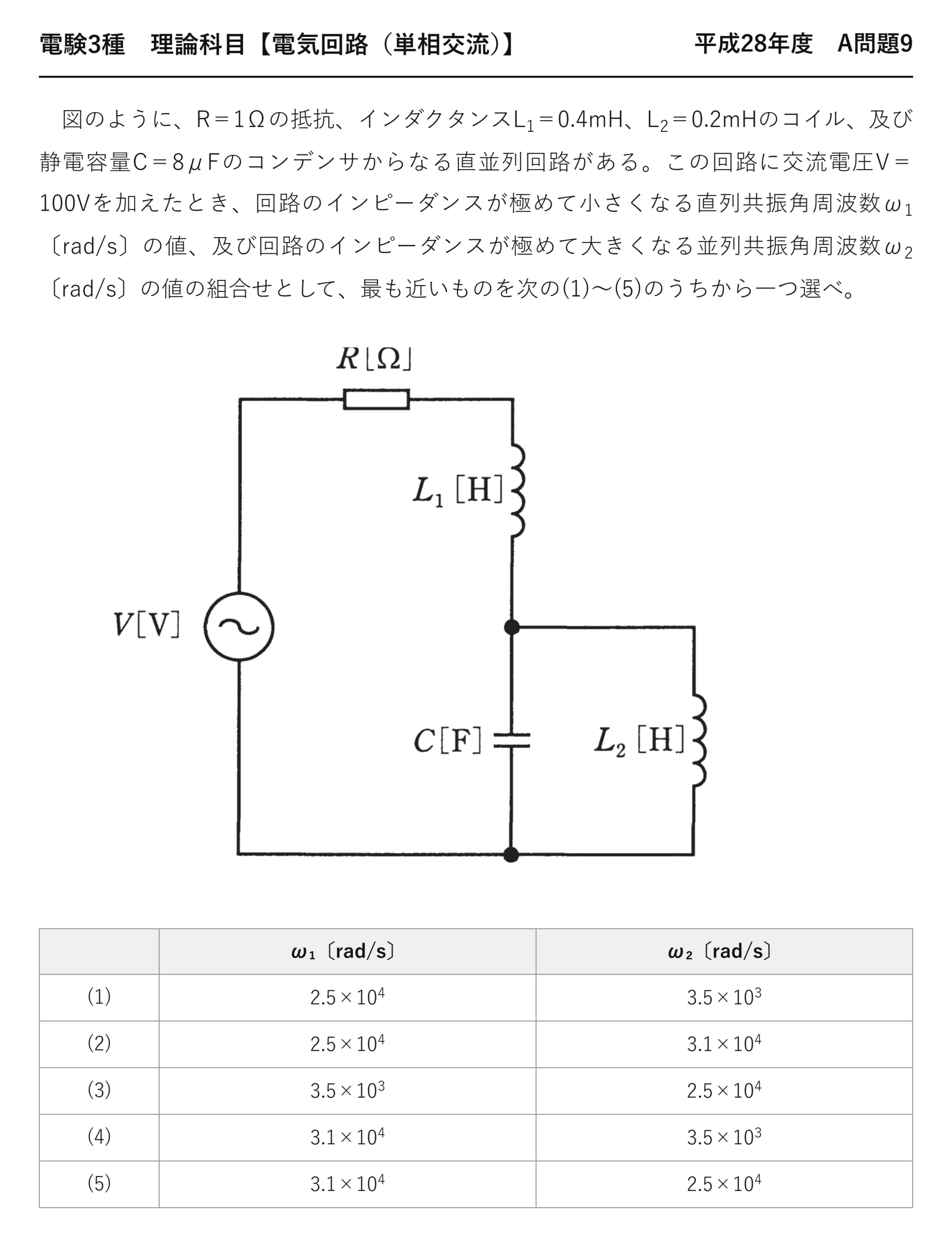 電験3種 理論科目 単相交流 平成28年度 A問題9 問題文