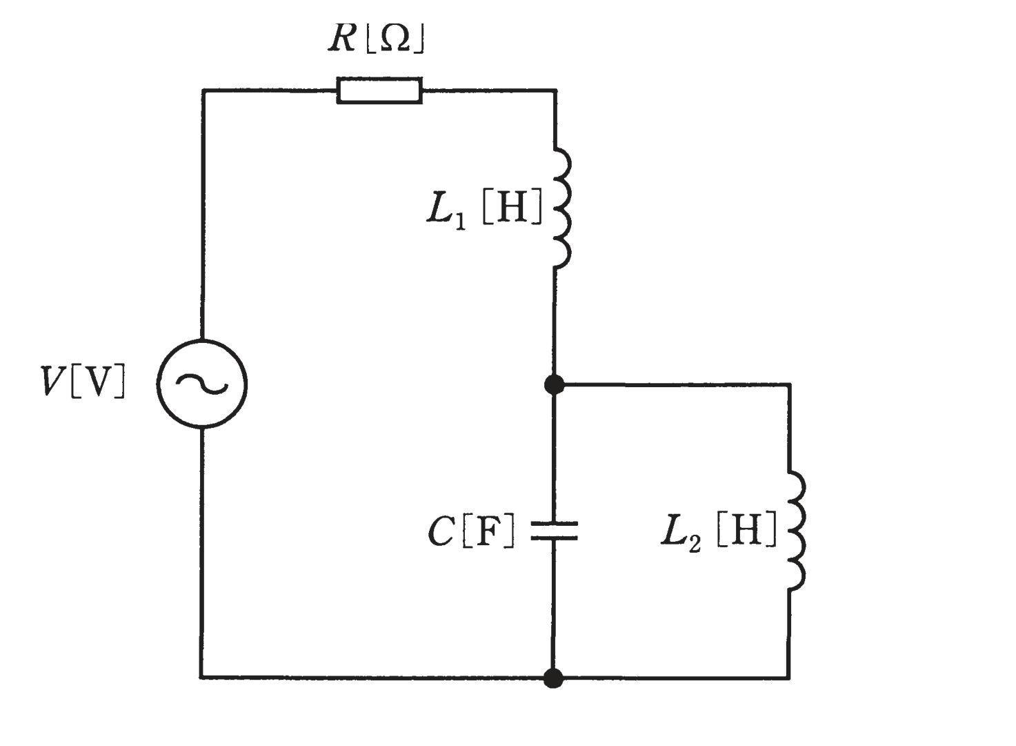 図 R・L₁と、C∥L₂の並列部からなる直並列回路(問題図)