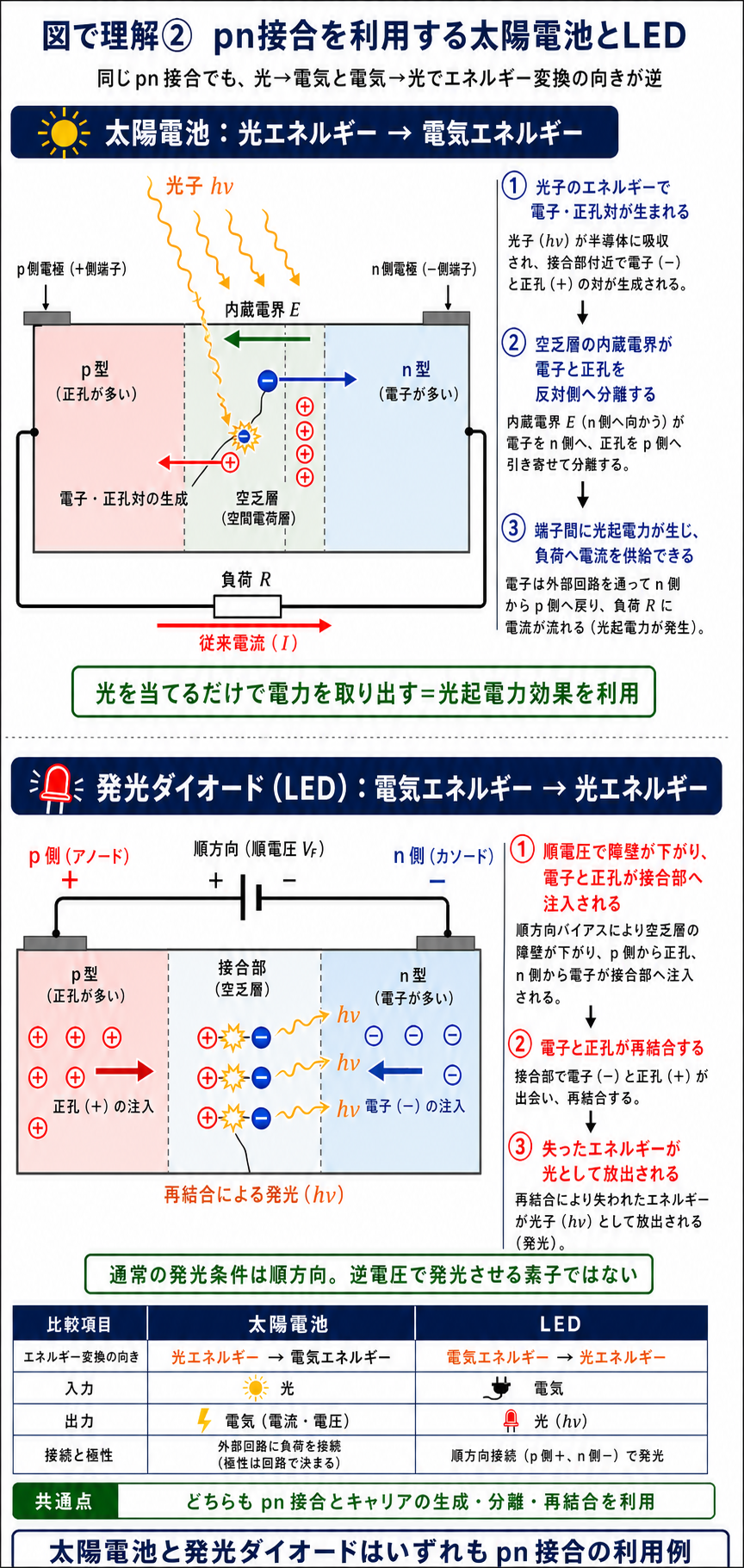 太陽電池で光により生じた電子と正孔を内蔵電界が分離する過程と、LEDで順方向注入された電子と正孔が再結合して発光する過程