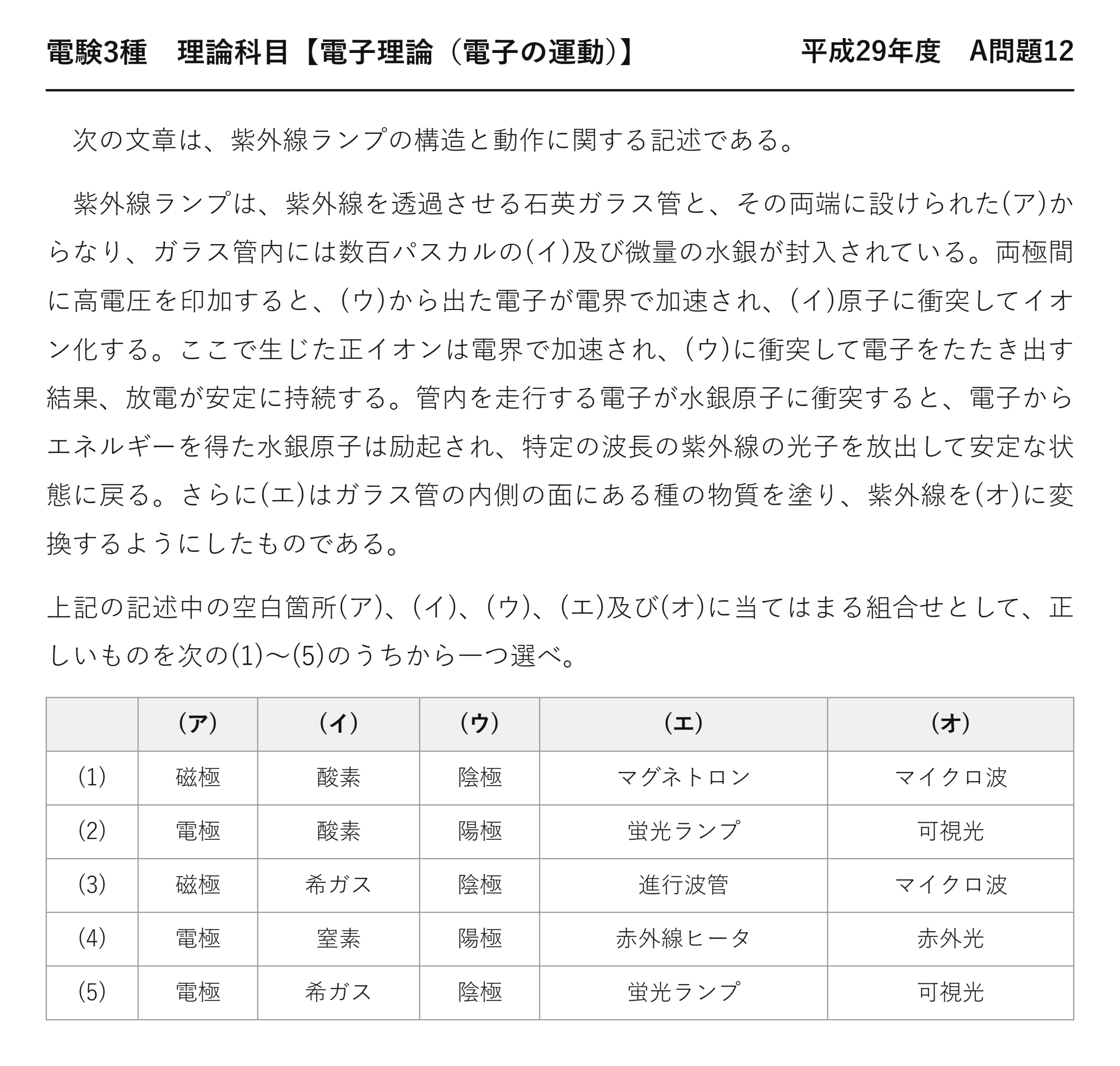 電験3種 理論科目 電子の運動 平成29年度 A問題12 問題文