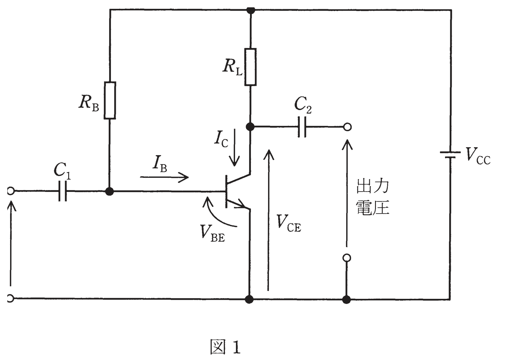 図1 固定バイアス回路(VCC・RB・RL・C1・C2)(問題図)