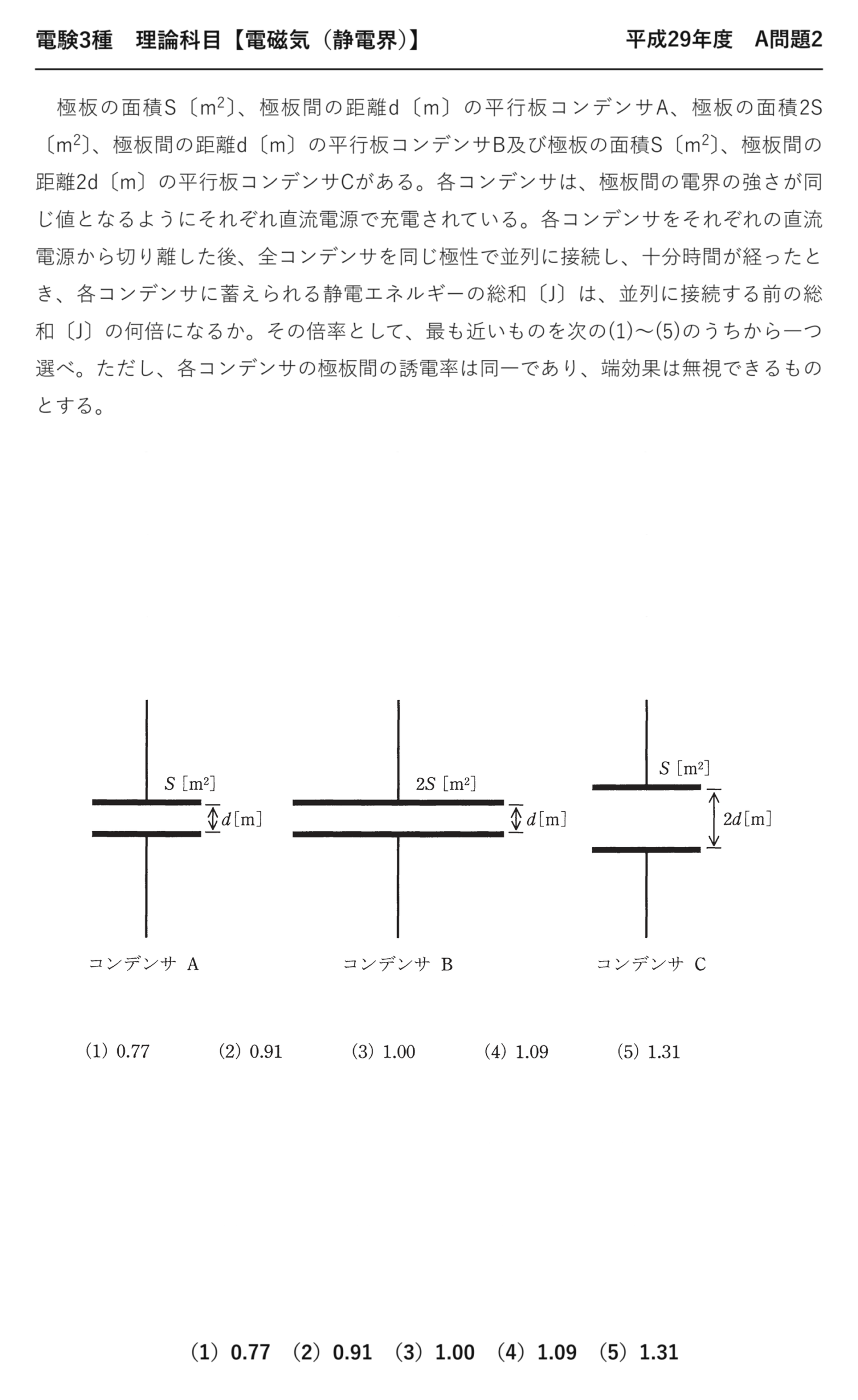 電験3種 理論科目 静電界 平成29年度 A問題2 問題文