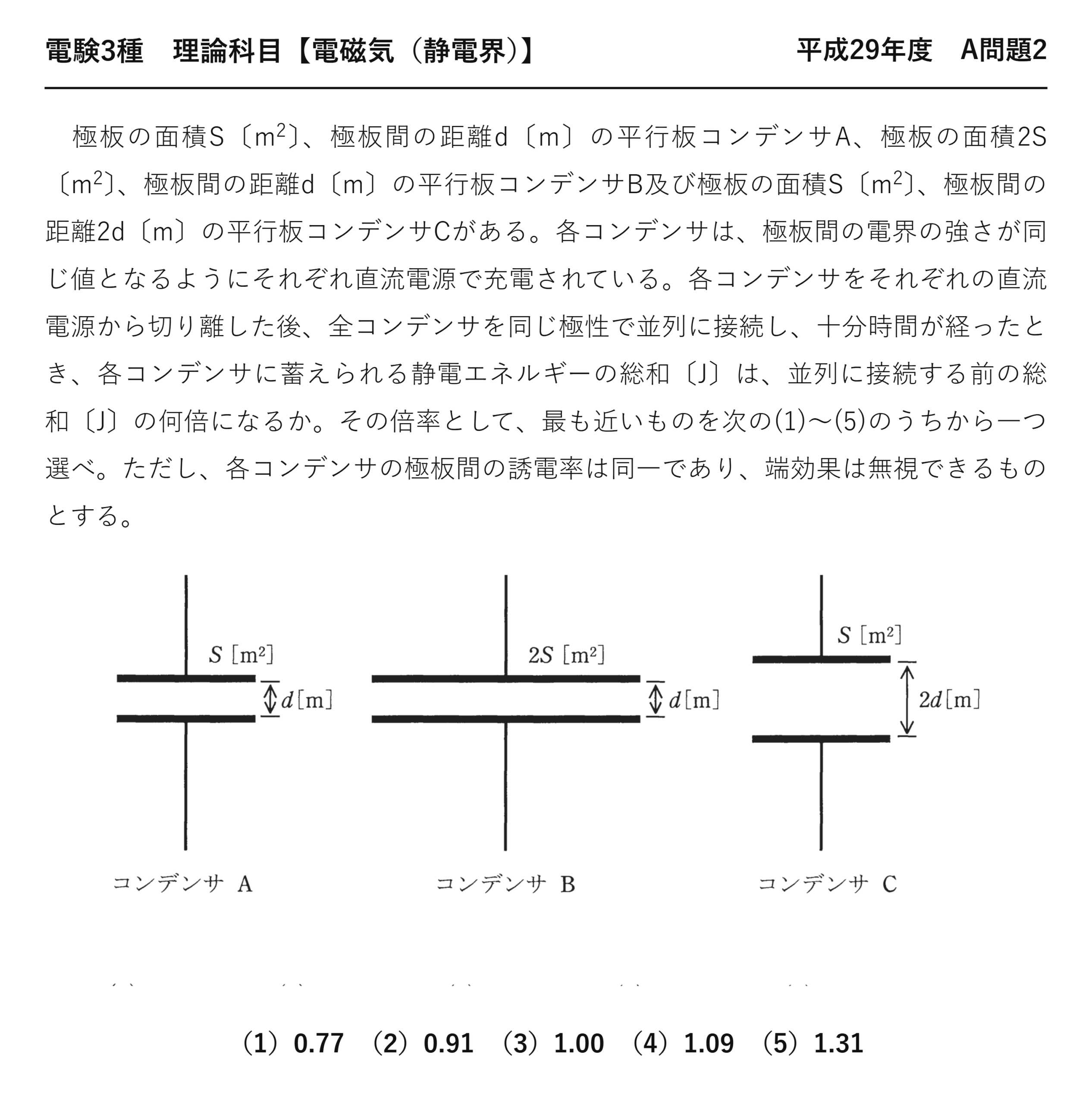 電験3種 理論科目 静電界 平成29年度 A問題2 問題文