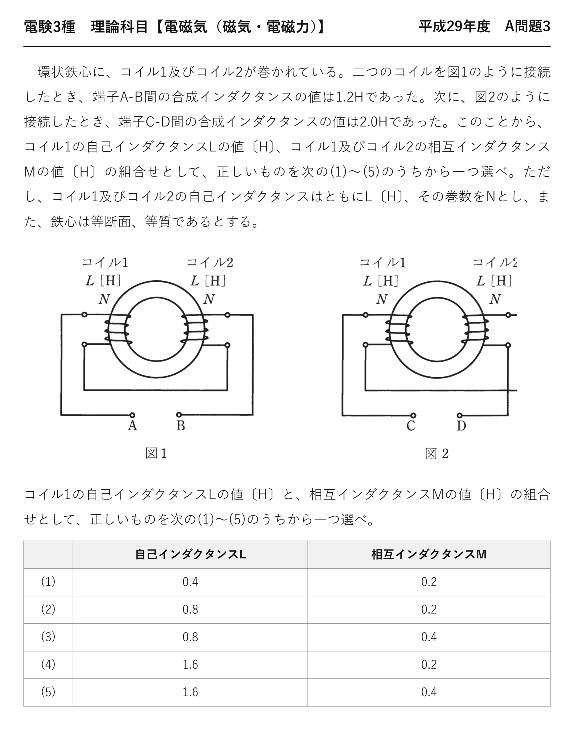 電験3種 理論科目 磁気・電磁力 平成29年度 A問題3 問題文