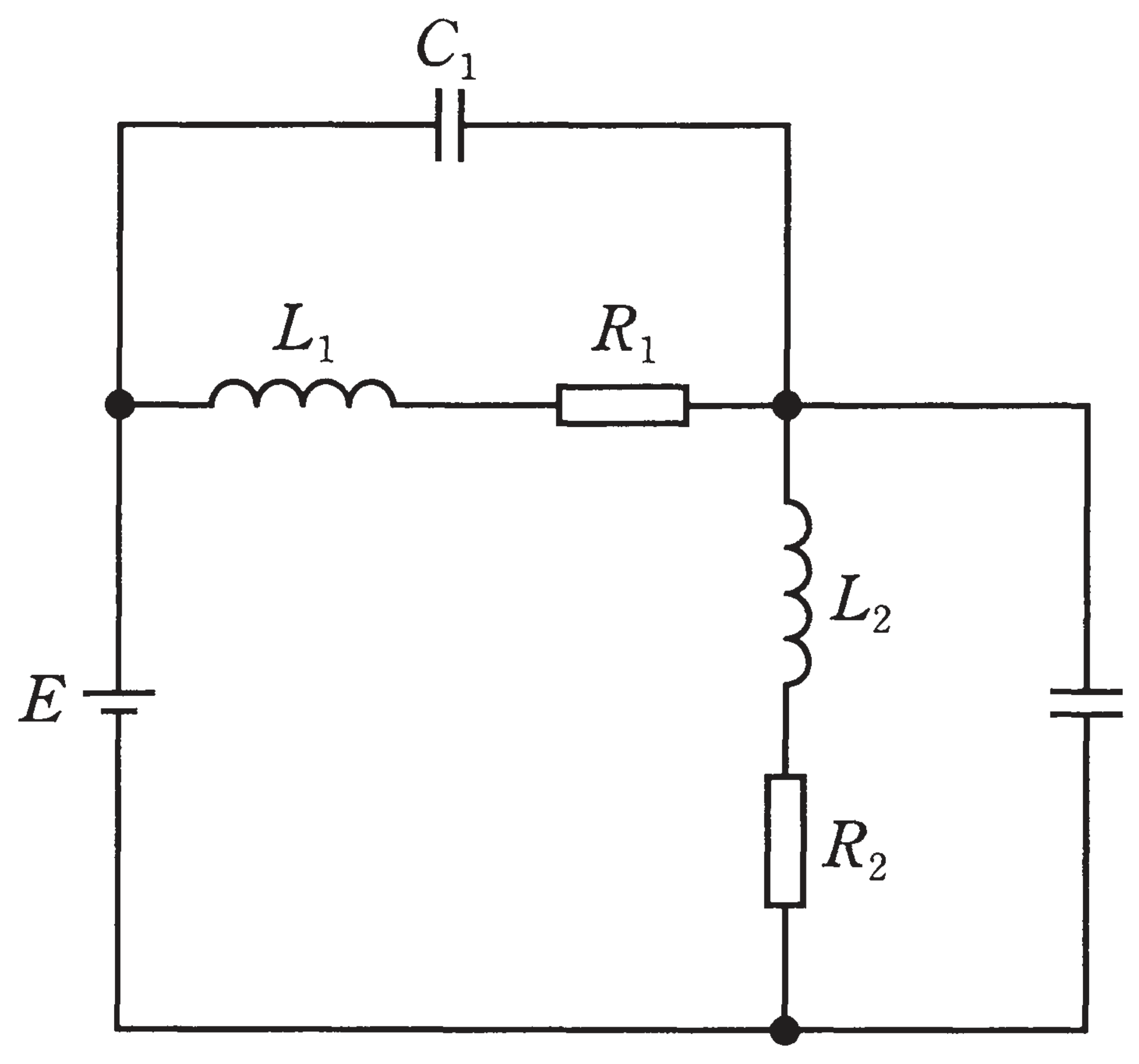 図　E=100V、L₁・L₂・R₁・R₂・C₁・C₂からなる直並列回路（問題図）