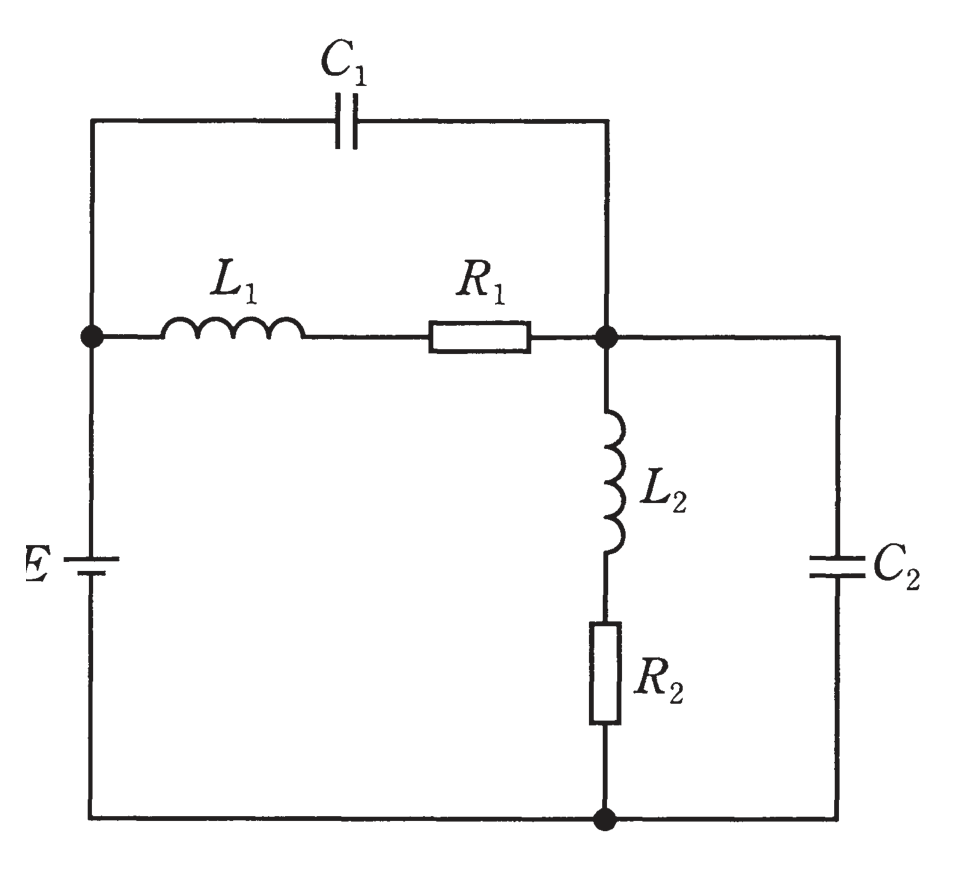 図　E=100V、L₁・L₂・R₁・R₂・C₁・C₂からなる直並列回路（問題図）