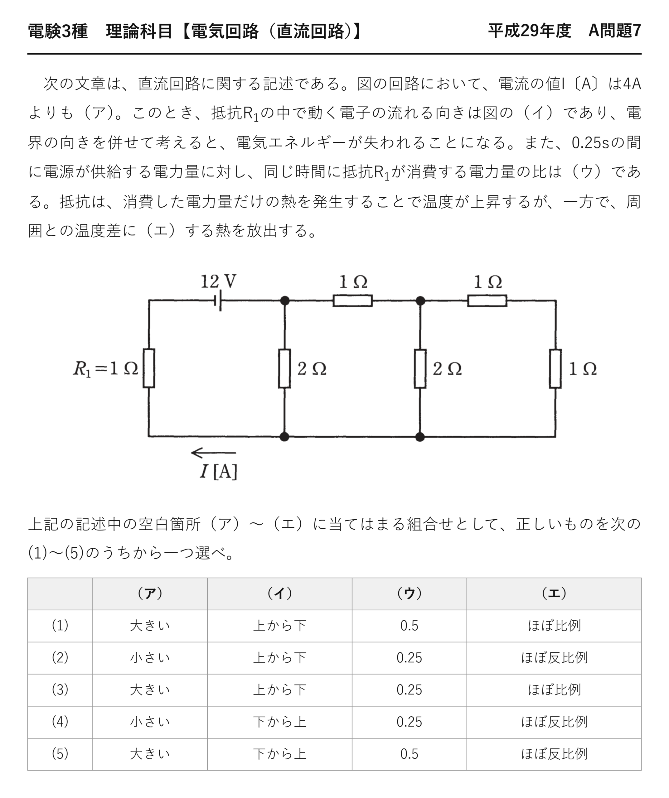 電験3種 理論科目 直流回路 平成29年度 A問題7 問題文