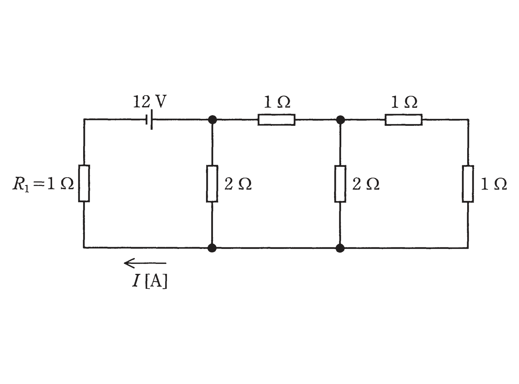 図　12V電源とR₁=1Ω・1Ω×2・2Ω×2・1Ωからなる直流回路（問題図）