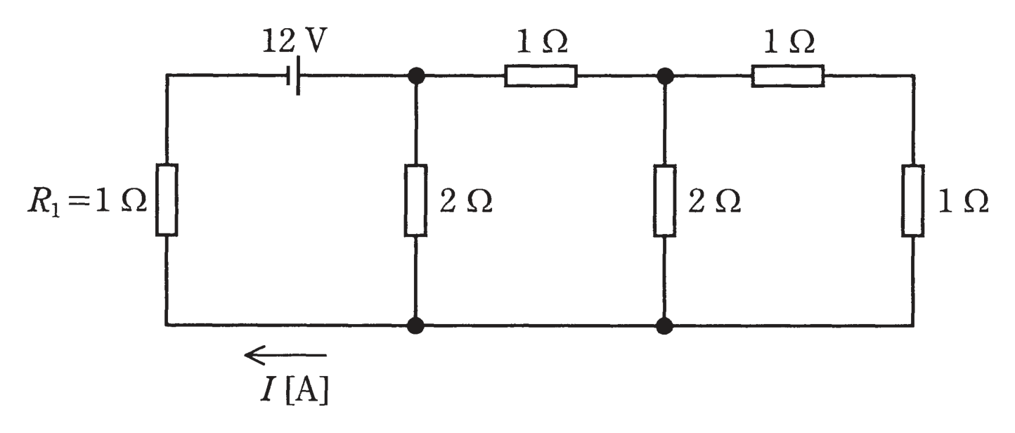 図　12V電源とR₁=1Ω・1Ω×2・2Ω×2・1Ωからなる直流回路（問題図）