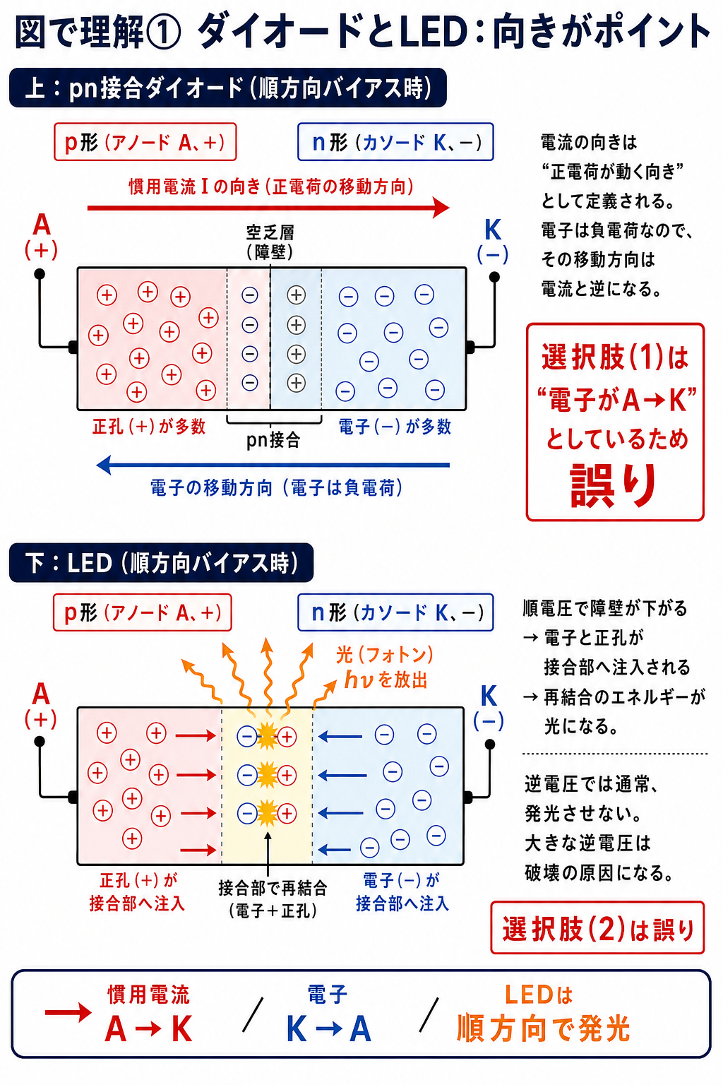 pn接合ダイオードでは慣用電流がAからK、電子がKからAへ進み、LEDは順方向で再結合して発光することを示す断面図