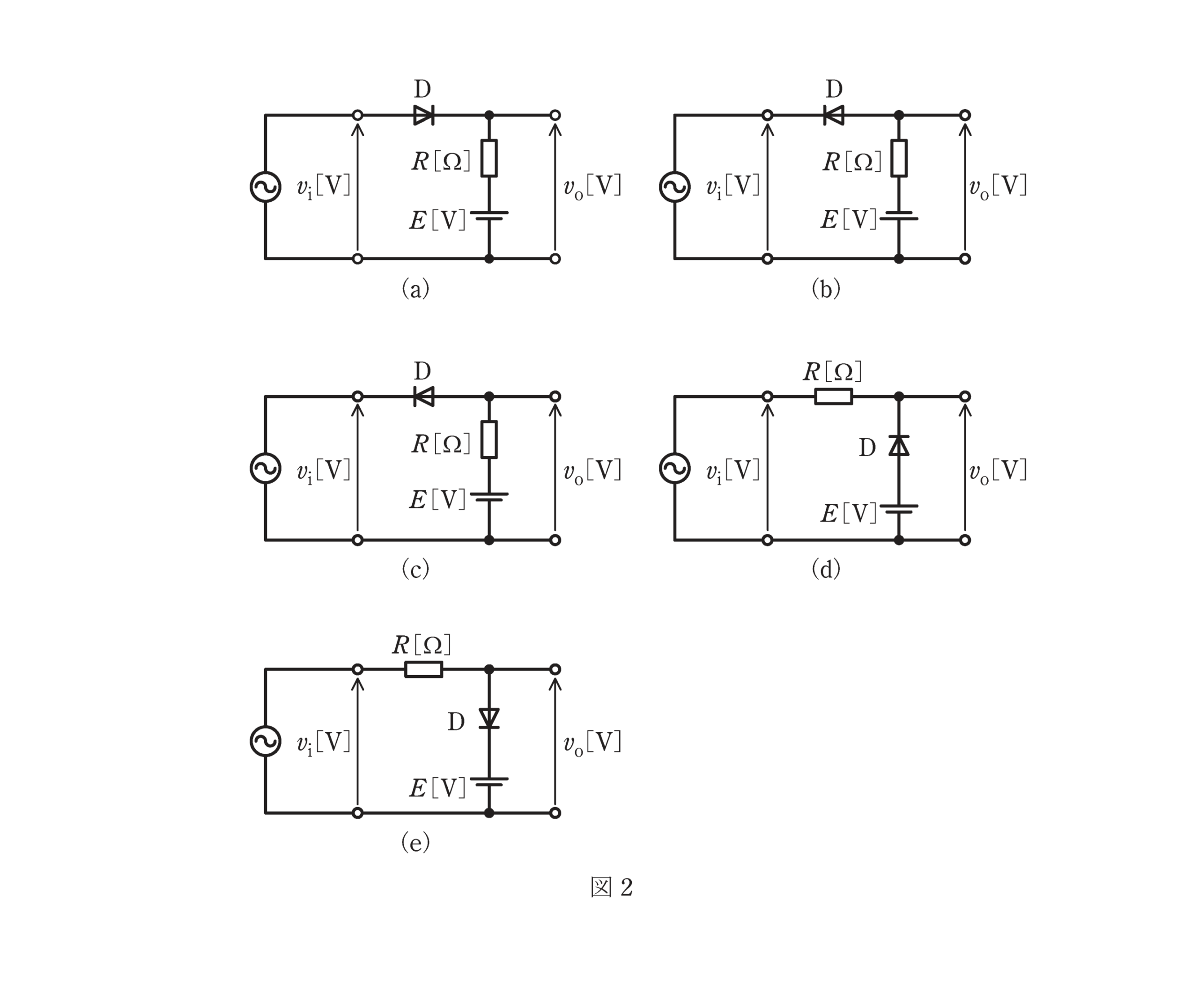 図2 クリッパ回路の候補(a)〜(e)(問題図)