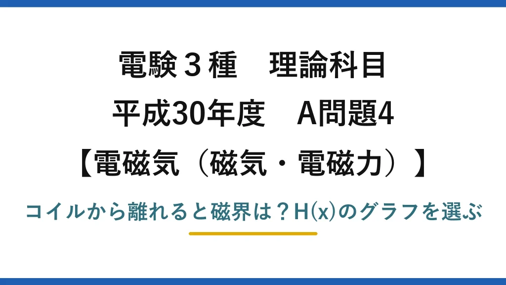 電験3種 理論科目 電磁気（磁気・電磁力） 平成30年度 A問題4 コイルから離れると磁界は？H(x)のグラフを選ぶ