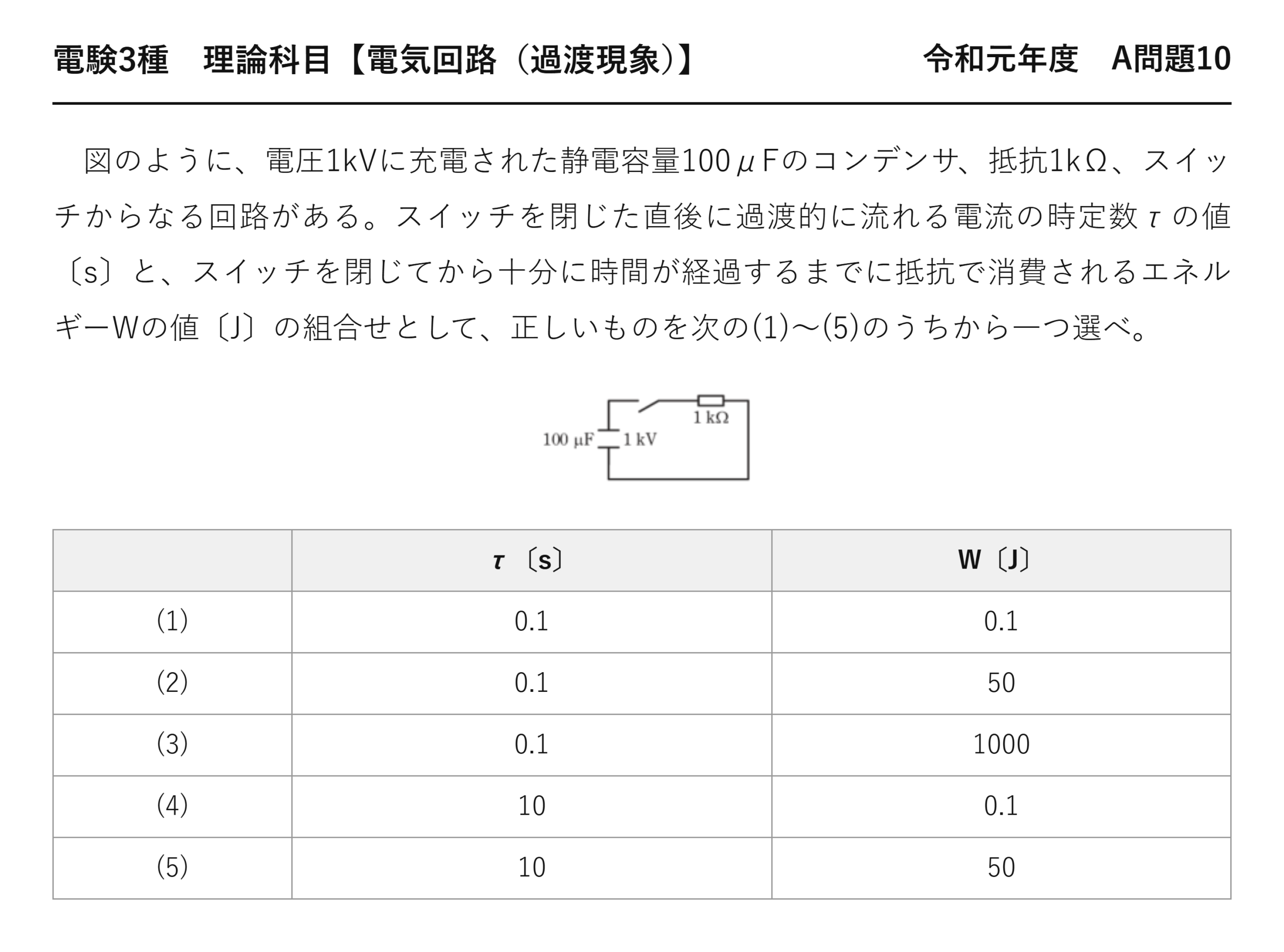 電験3種 理論科目 過渡現象 令和元年度 A問題10 問題文