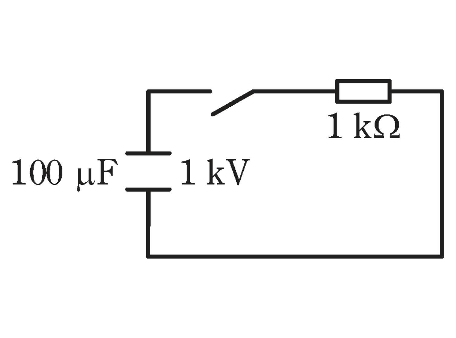 図　1kVに充電された100μF・1kΩ・スイッチの回路（問題図）