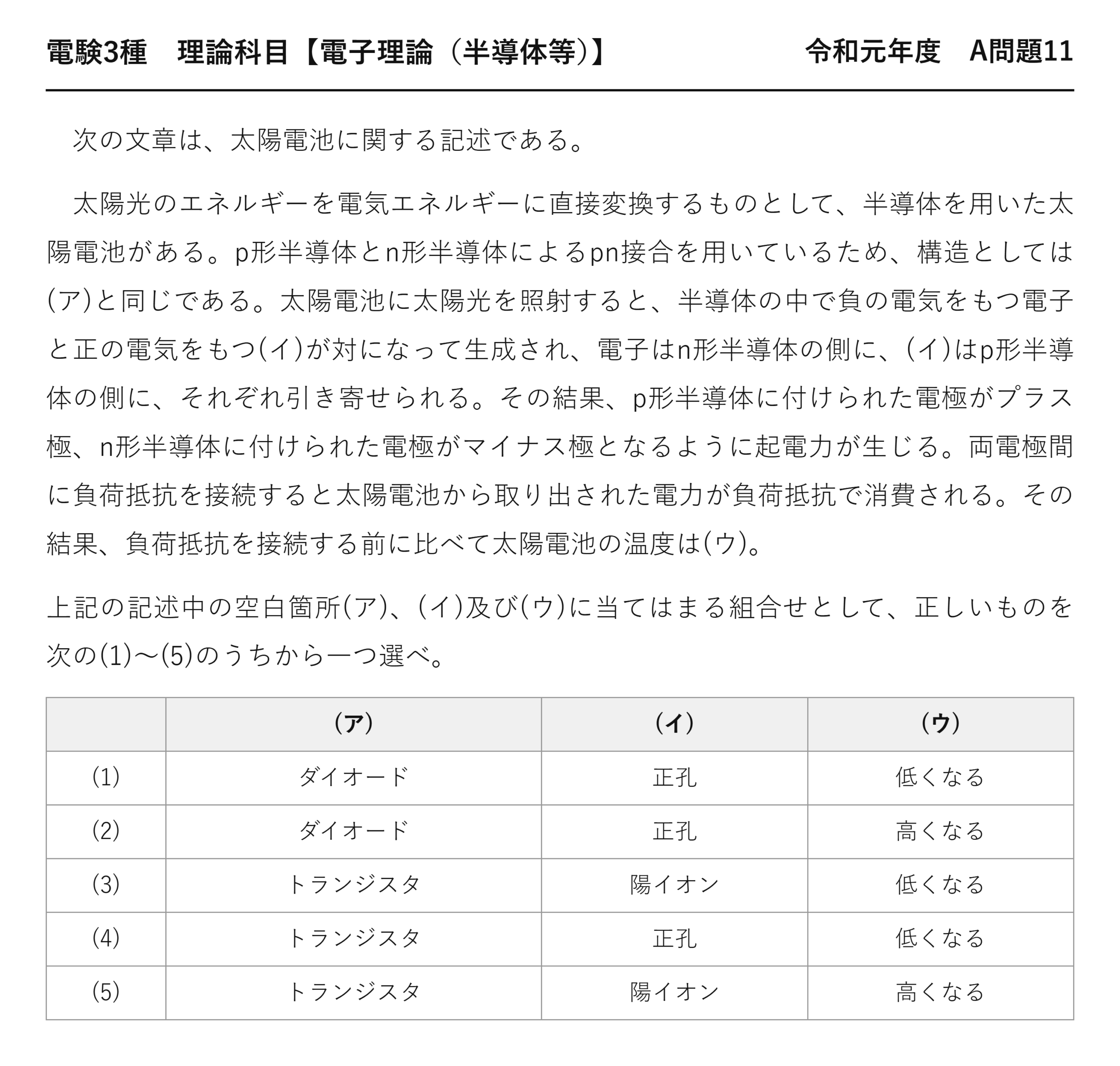 電験3種 理論科目 半導体等 令和元年度 A問題11 問題文
