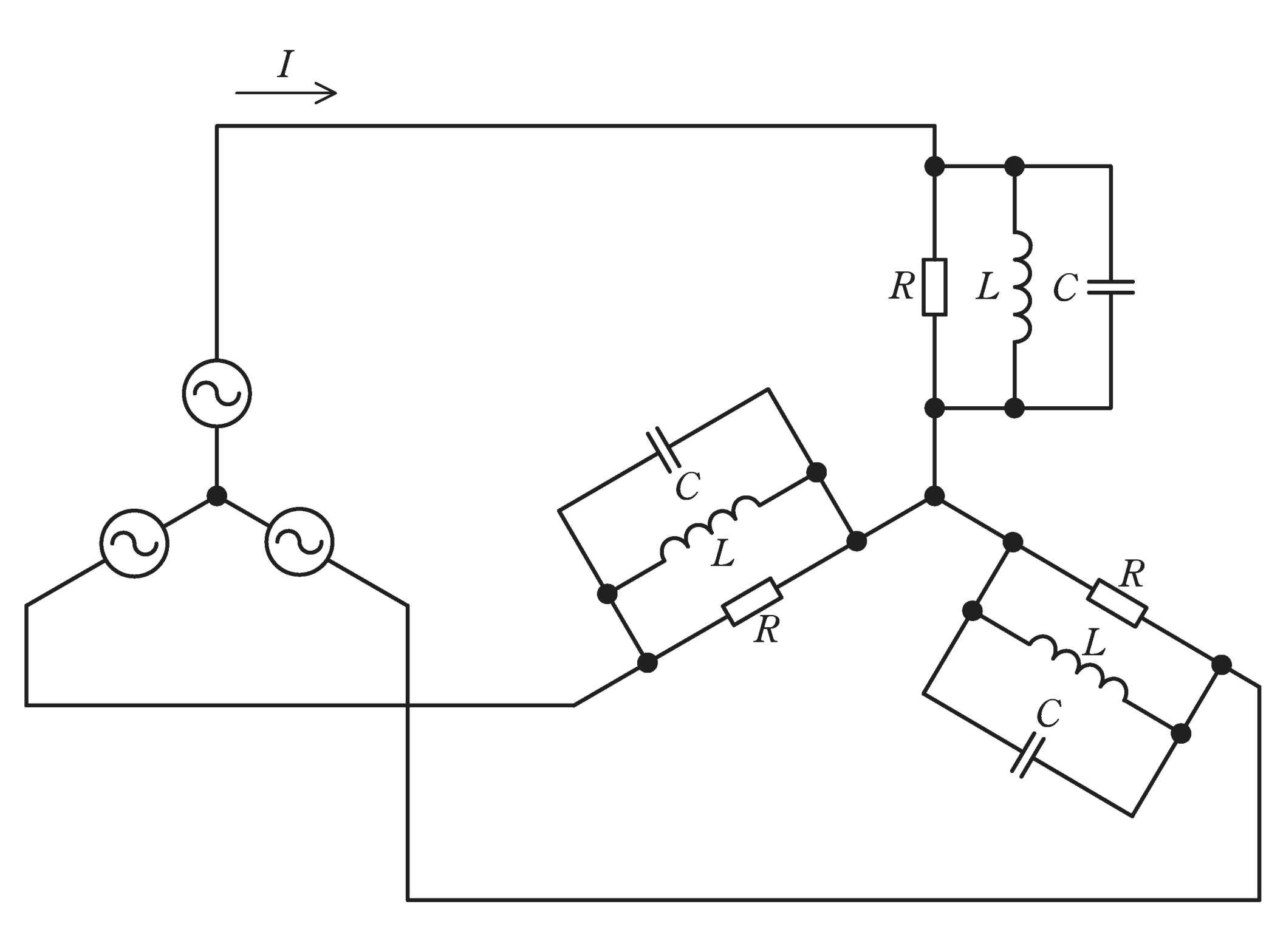 図　対称三相電源とY接続のR∥L∥C負荷（問題図）