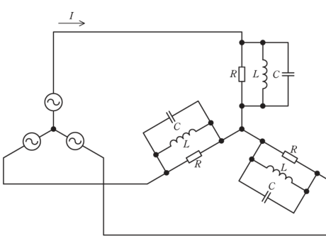 図 対称三相電源とY接続のR∥L∥C負荷(問題図)