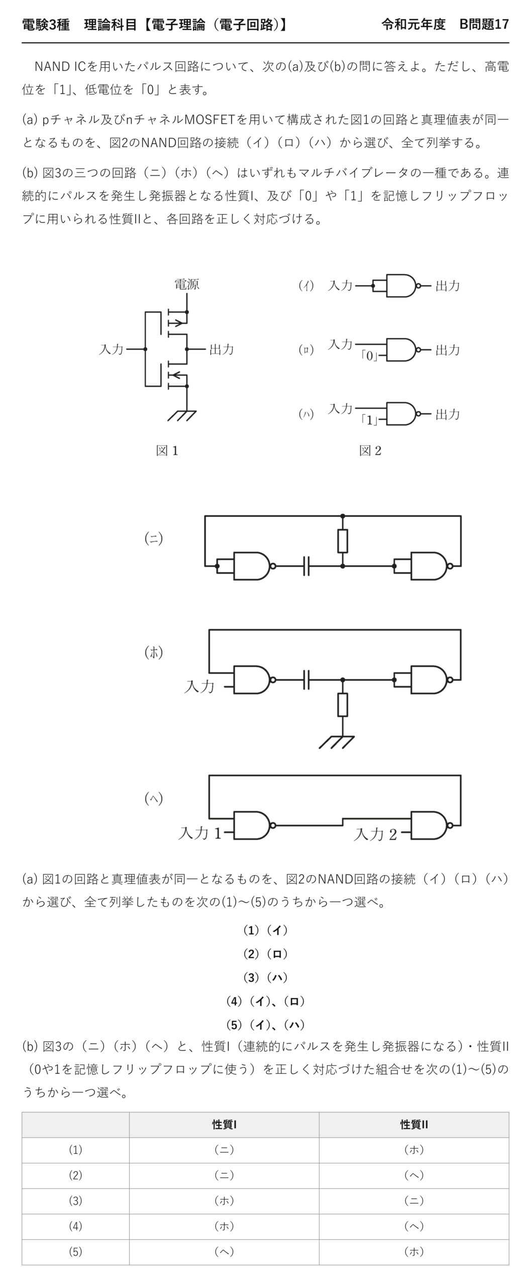 電験3種 理論科目 電子回路 令和元年度 B問題17 問題文