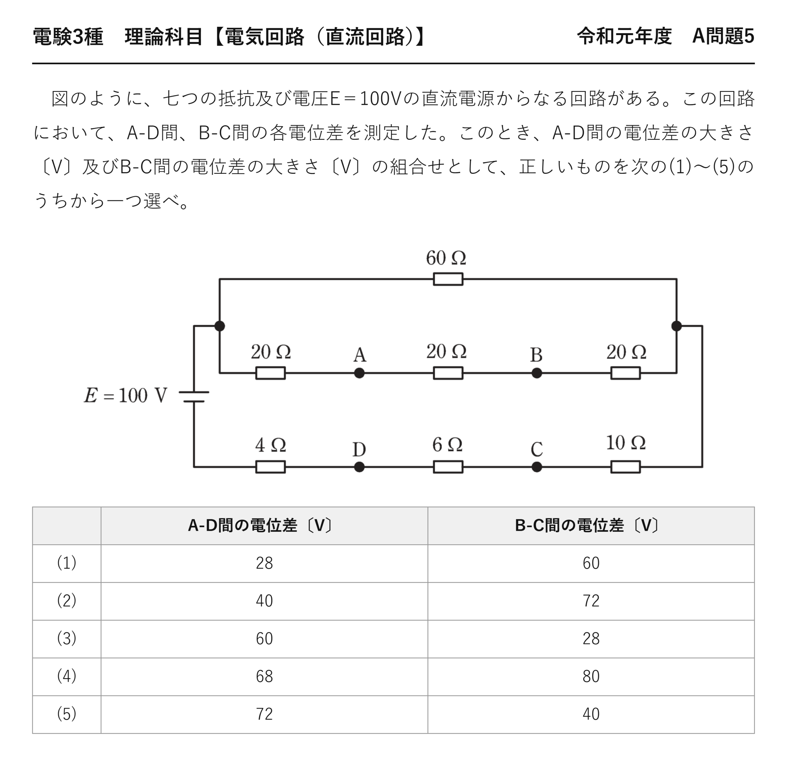 電験3種 理論科目 直流回路 令和元年度 A問題5 問題文