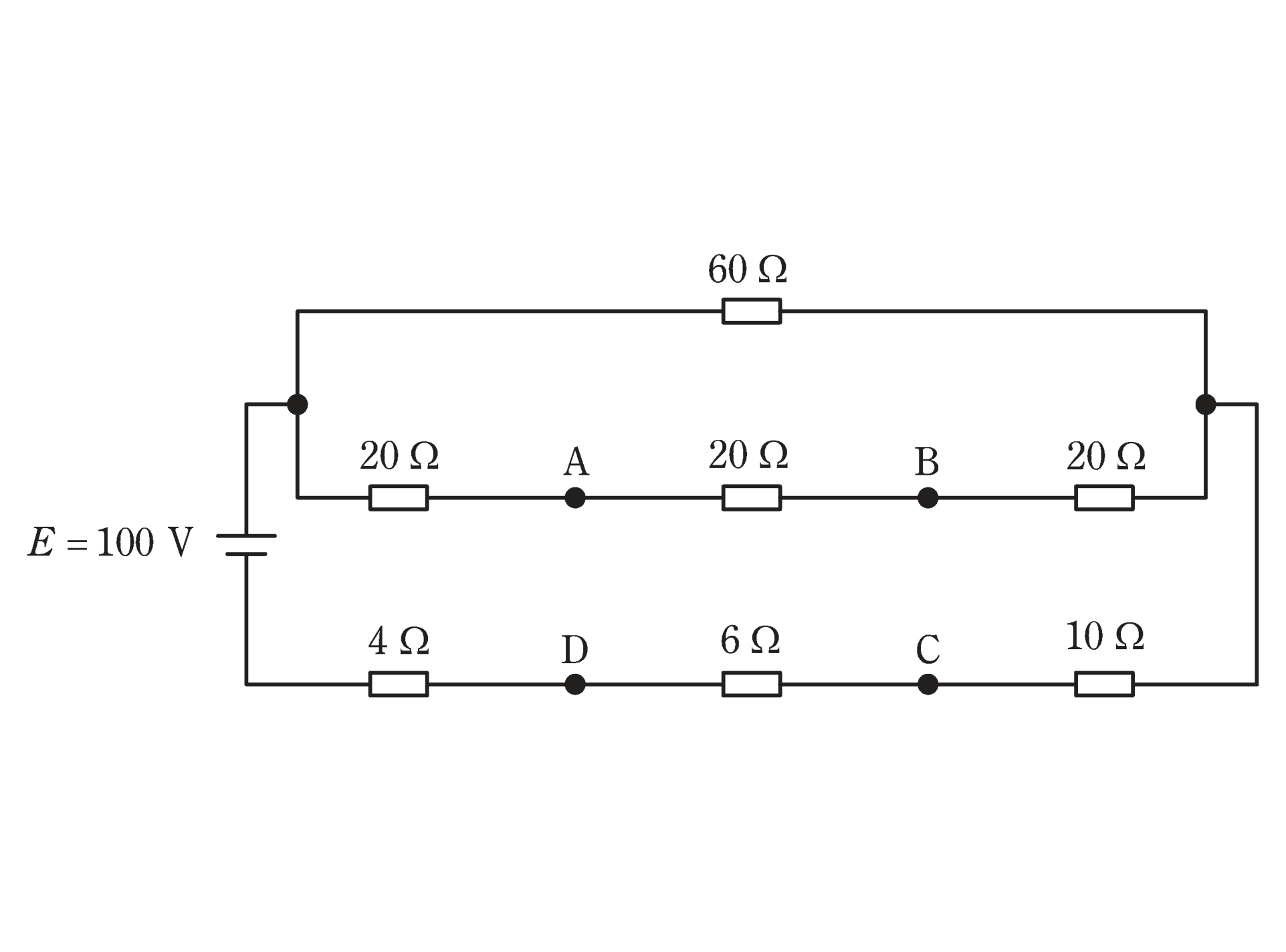 図　電源E=100Vと7つの抵抗（60Ω・20Ω×3・4Ω・6Ω・10Ω）の回路（問題図）