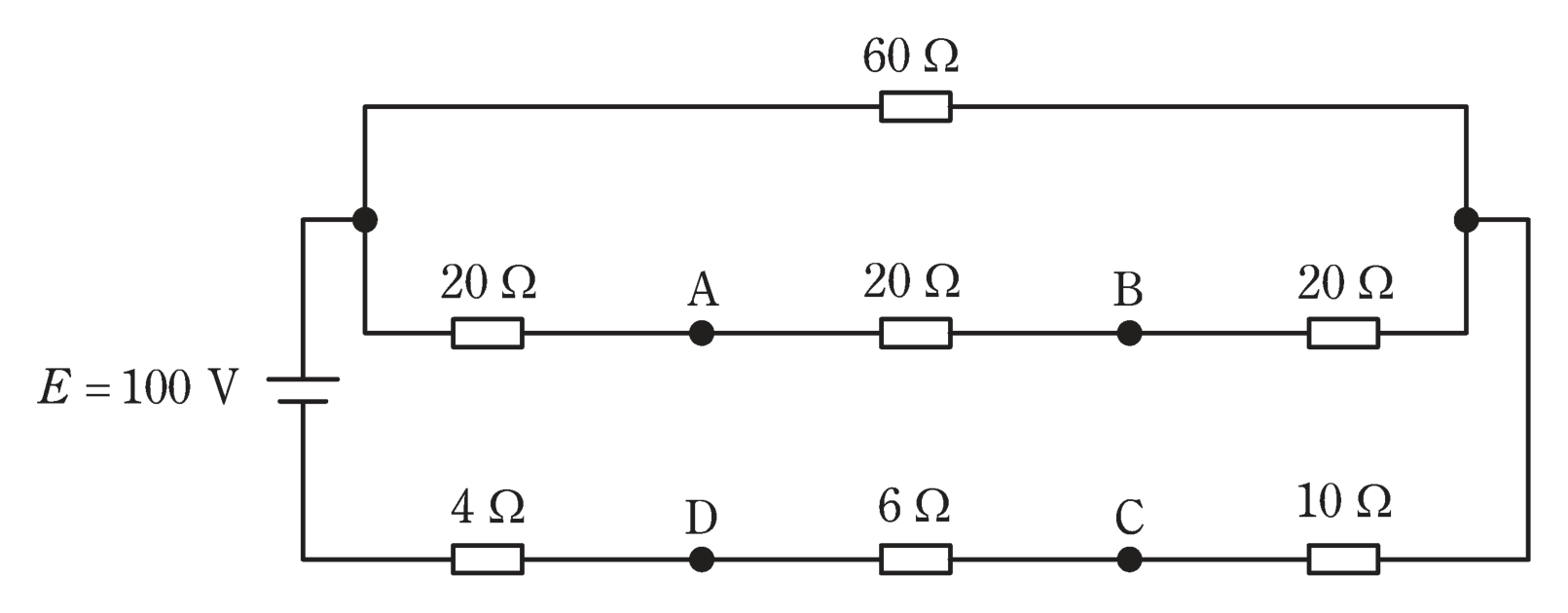 図　電源E=100Vと7つの抵抗（60Ω・20Ω×3・4Ω・6Ω・10Ω）の回路（問題図）
