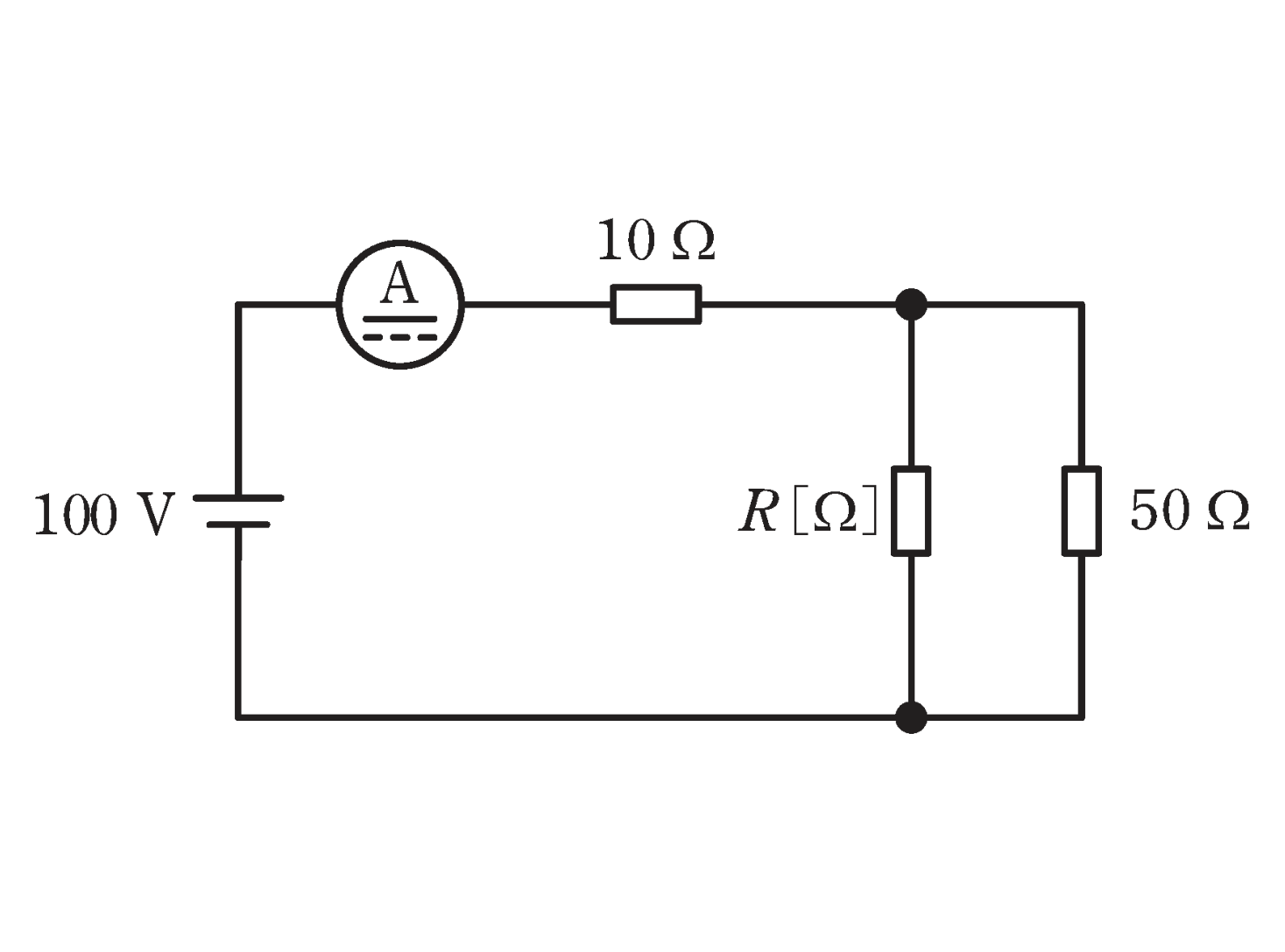 図 100V電源・電流計・10Ω・R・50Ωからなる直流回路(問題図)