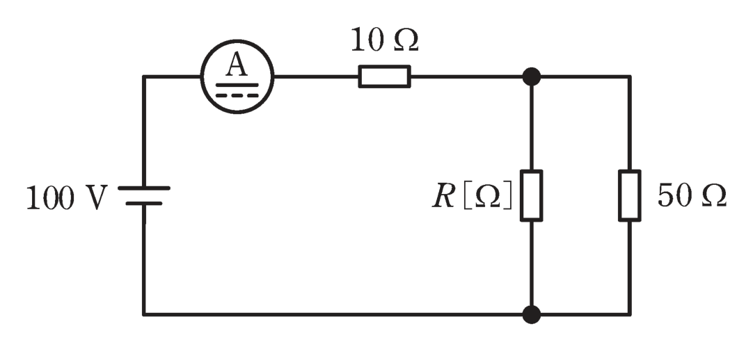 図　100V電源・電流計・10Ω・R・50Ωからなる直流回路（問題図）