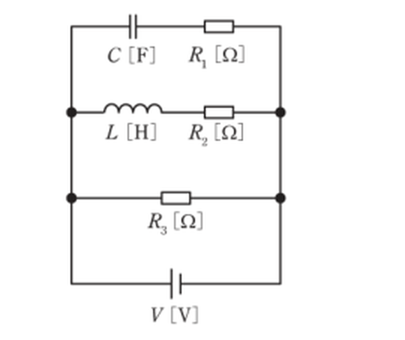 図　C+R₁・L+R₂・R₃の並列回路とV電源（問題図）