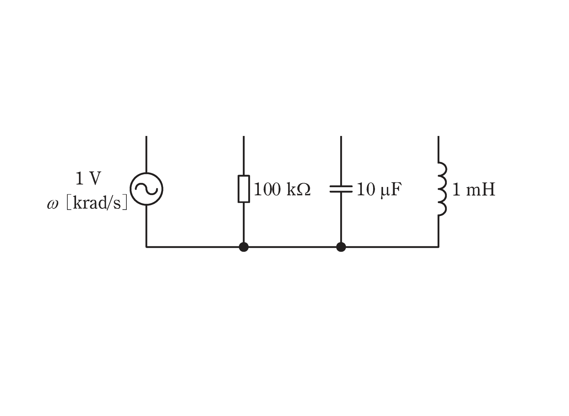 図　1V電源とR（100kΩ）・C（10μF）・L（1mH）の並列回路（問題図）