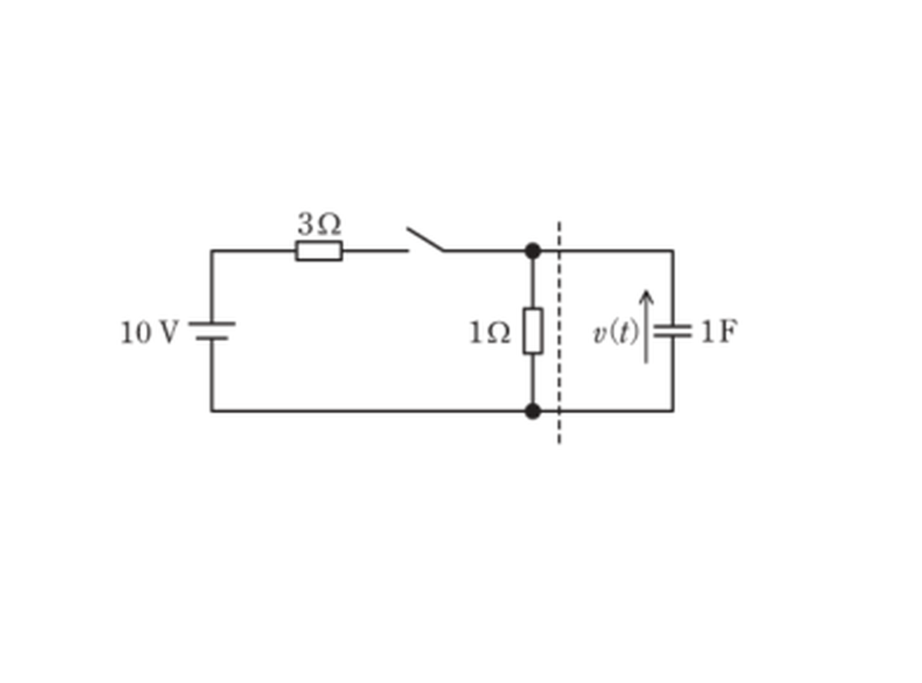 図　10V・3Ω・S・1Ω・1FのRC回路（問題図）