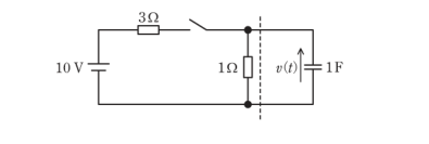図　10V・3Ω・S・1Ω・1FのRC回路（問題図）