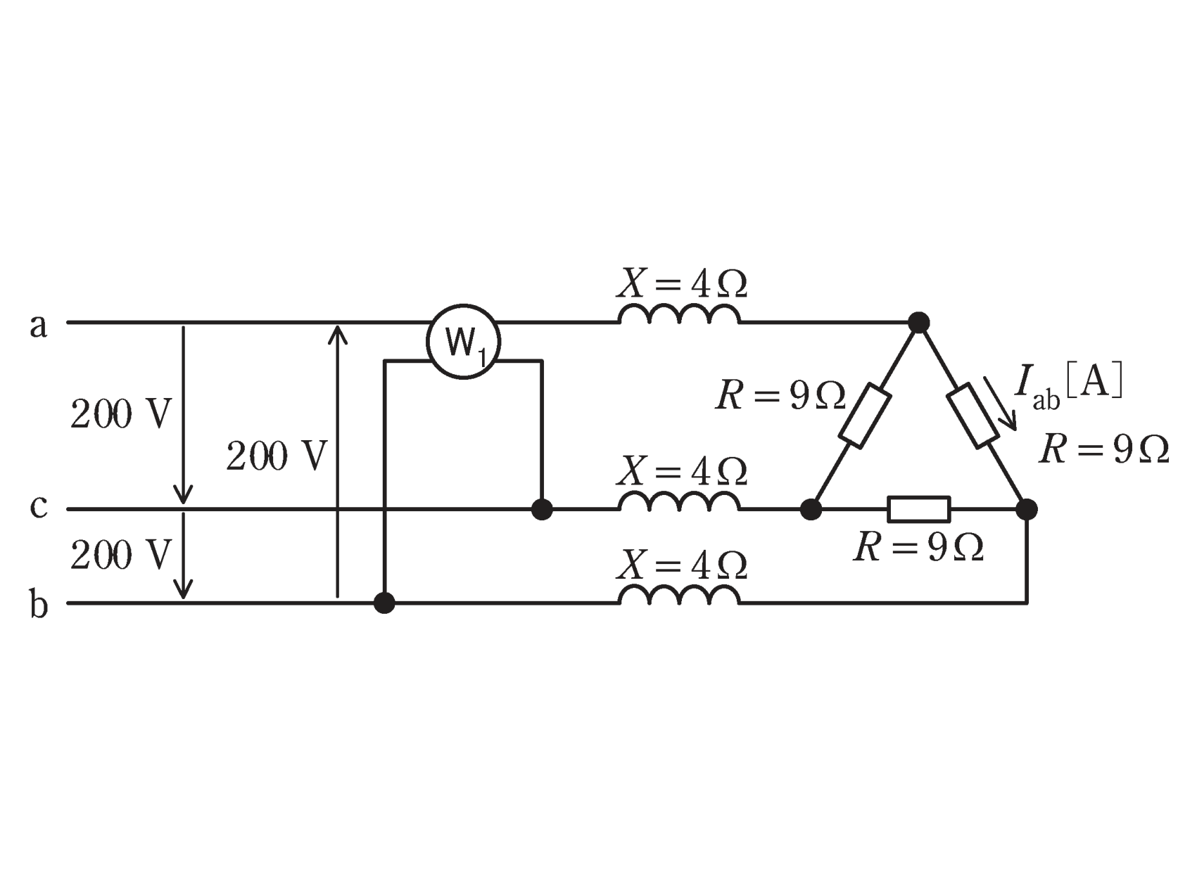 図　X=4Ωコイル・ΔのR=9Ω負荷と単相電力計W₁（問題図）