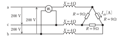 図　X=4Ωコイル・ΔのR=9Ω負荷と単相電力計W₁（問題図）