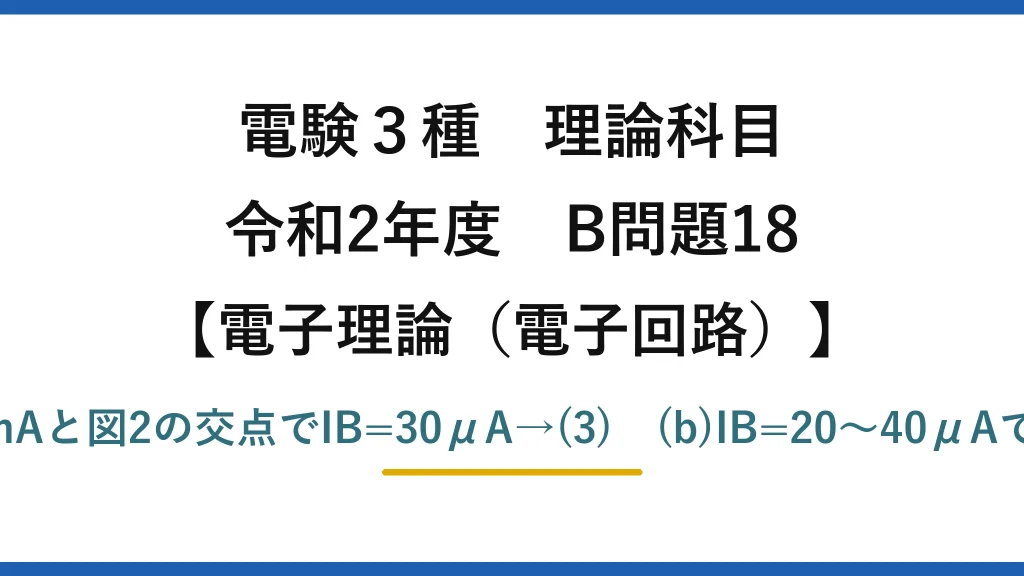 電験3種 理論科目【電磁気（電子回路）】令和2年度 B問題18 (a)負荷線IC=(VCC−VCE)/R2=6mAと図2の交点でIB=30μA→(3)　(b)IB=20〜40μAでVCE=6±2V→出力vo最大2V→(3)