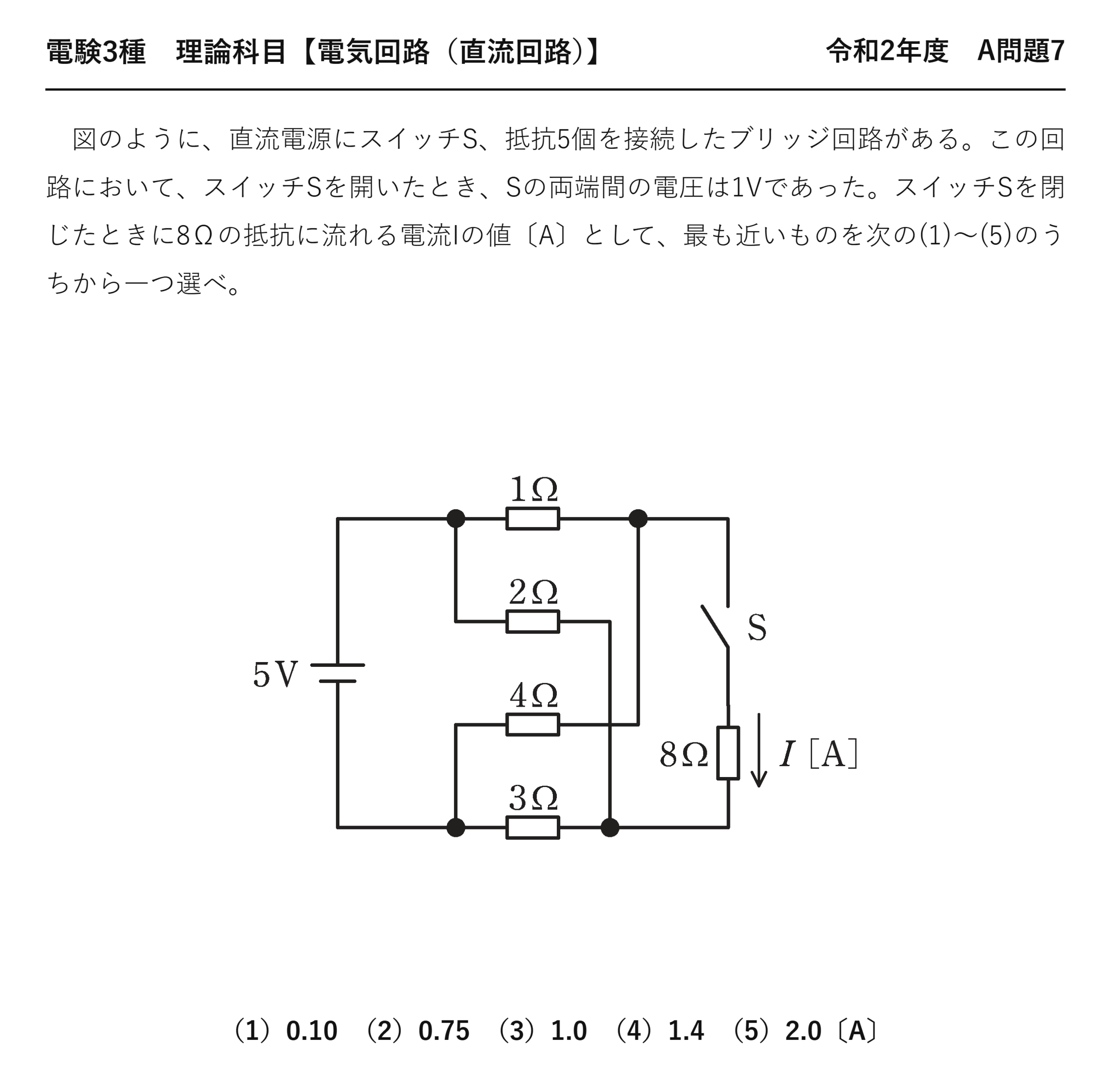 電験3種 理論科目 直流回路 令和2年度 A問題7 問題文