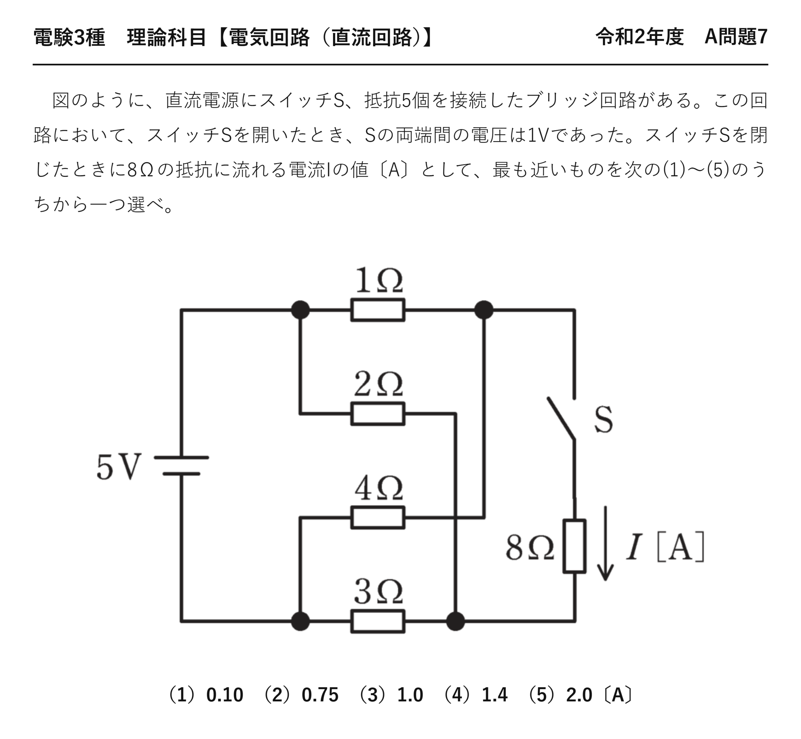 電験3種 理論科目 直流回路 令和2年度 A問題7 問題文