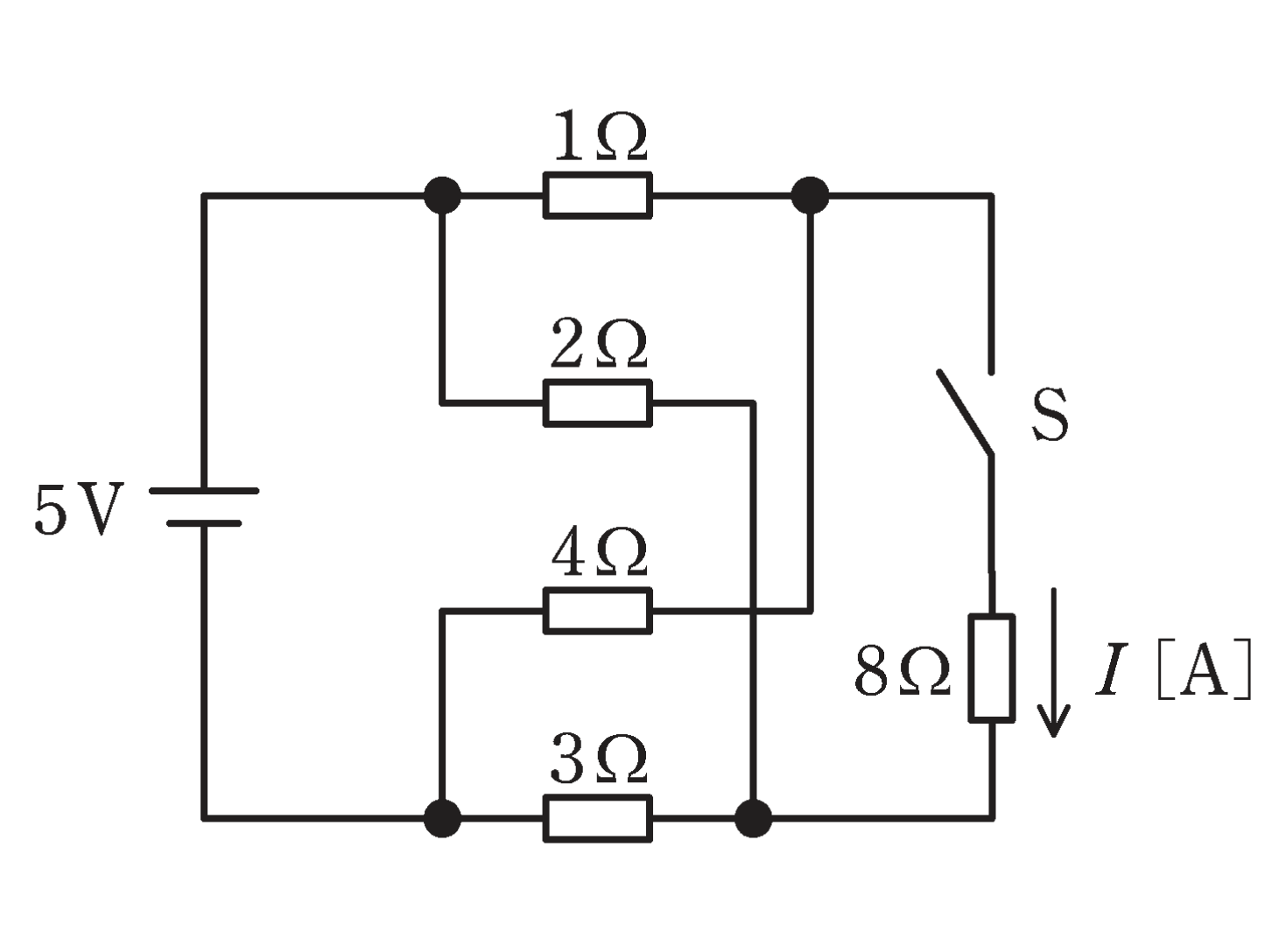 図　5V電源・スイッチS（8Ω付き）と抵抗4個からなるブリッジ回路（問題図）