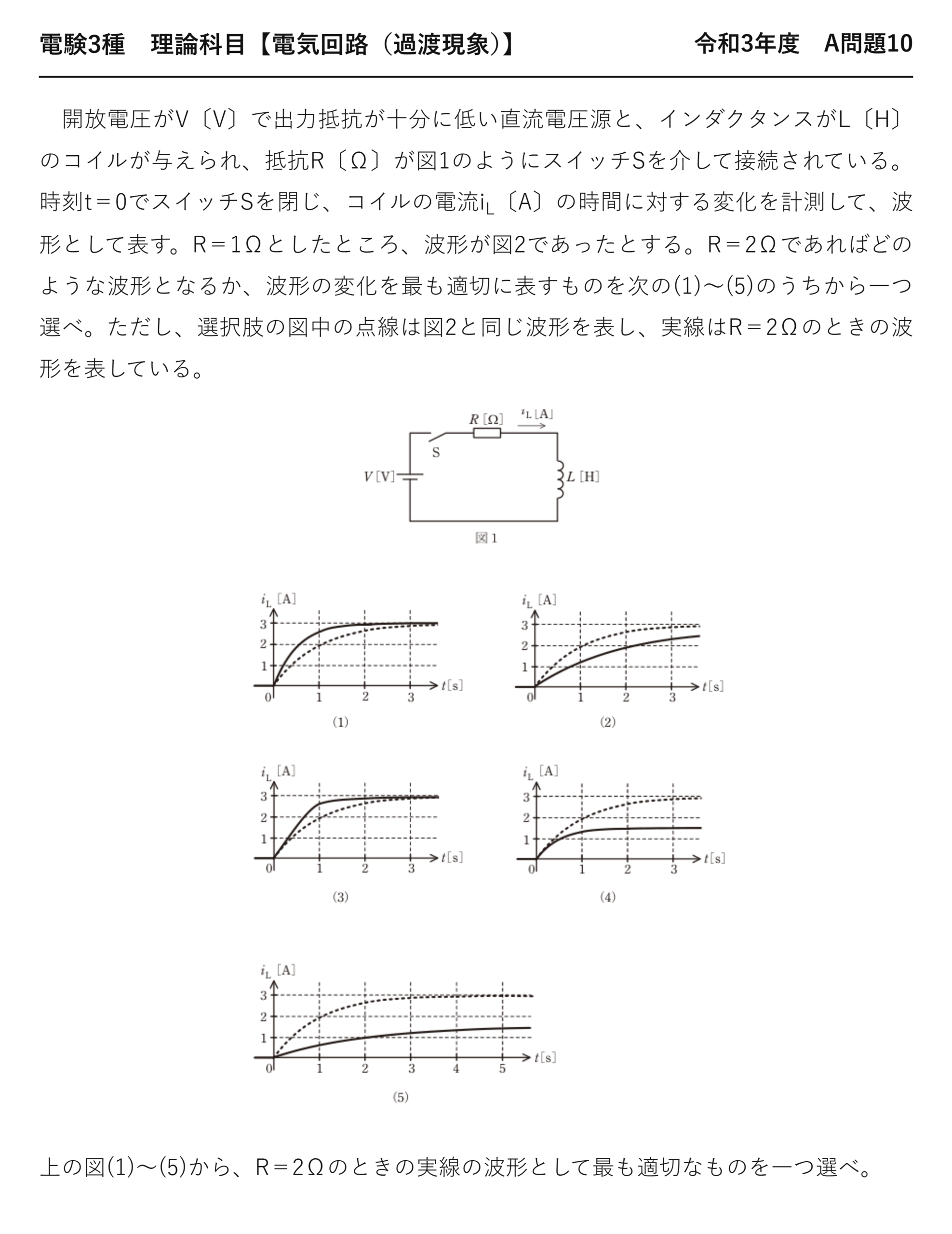 電験3種 理論科目 過渡現象 令和3年度 A問題10 問題文