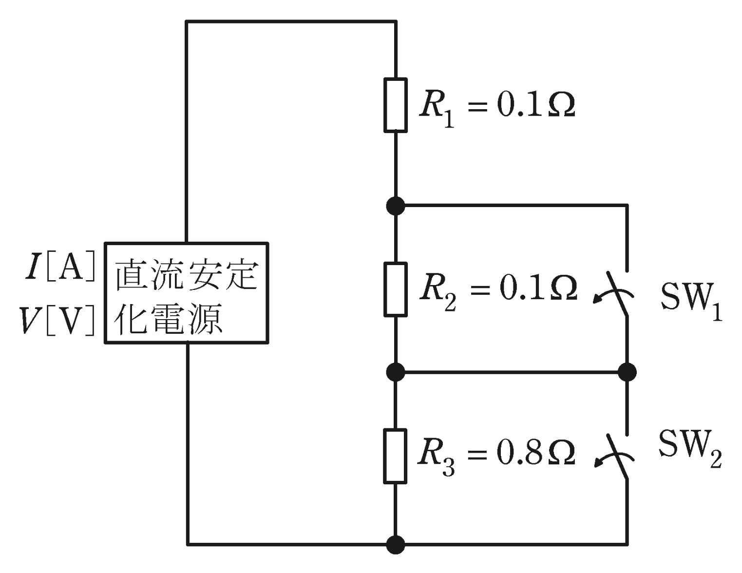 図　直流安定化電源・R₁・R₂・R₃とスイッチSW₁・SW₂の回路（問題図）