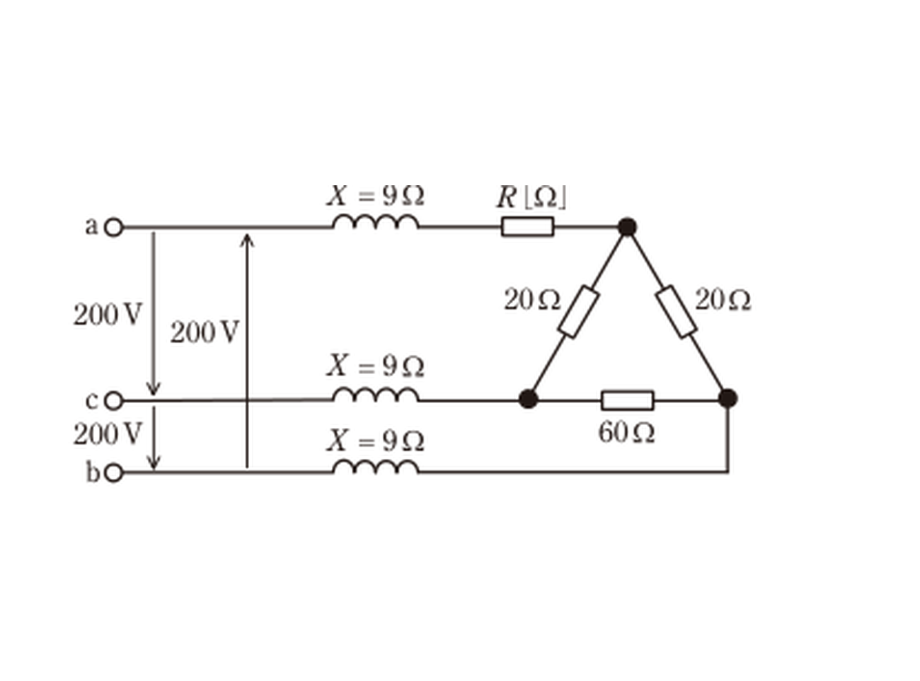図　X=9Ωコイルと抵抗(R,20,20,60Ω)からなる三相負荷（問題図）