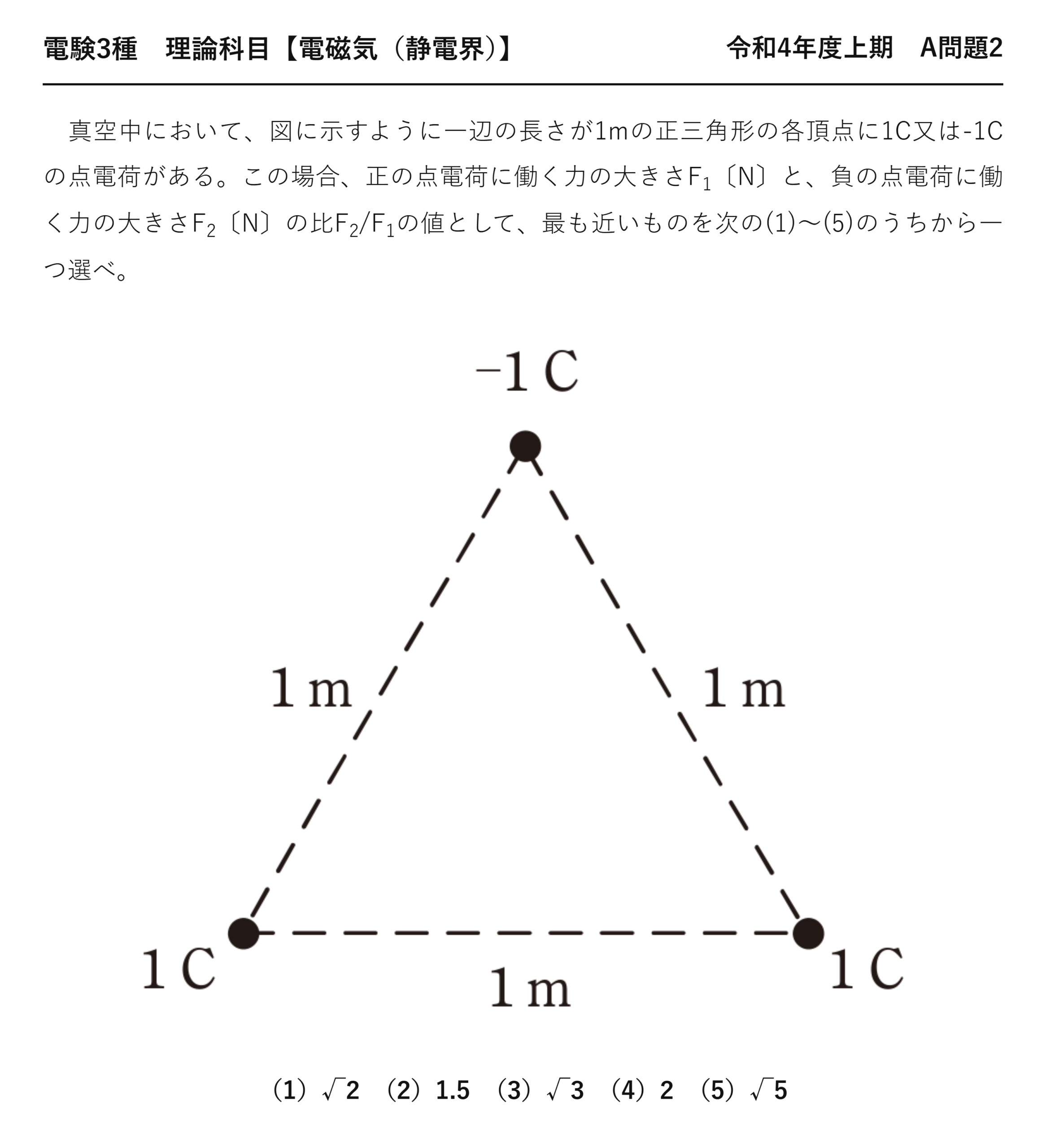 電験3種 理論科目 静電界 令和4年度上期 A問題2 問題文
