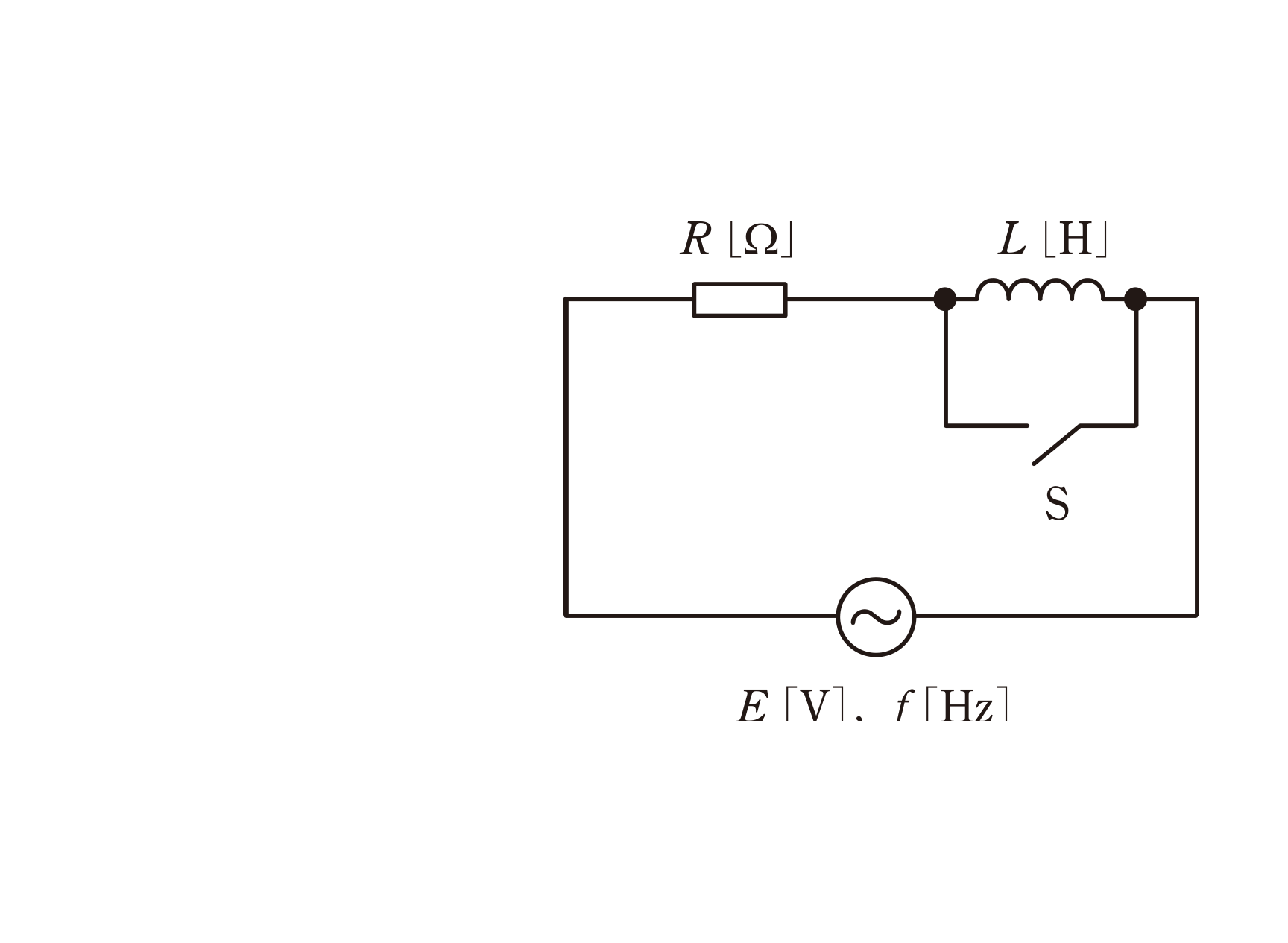 図　E電源・R・LとLに並列なスイッチSの回路（問題図）