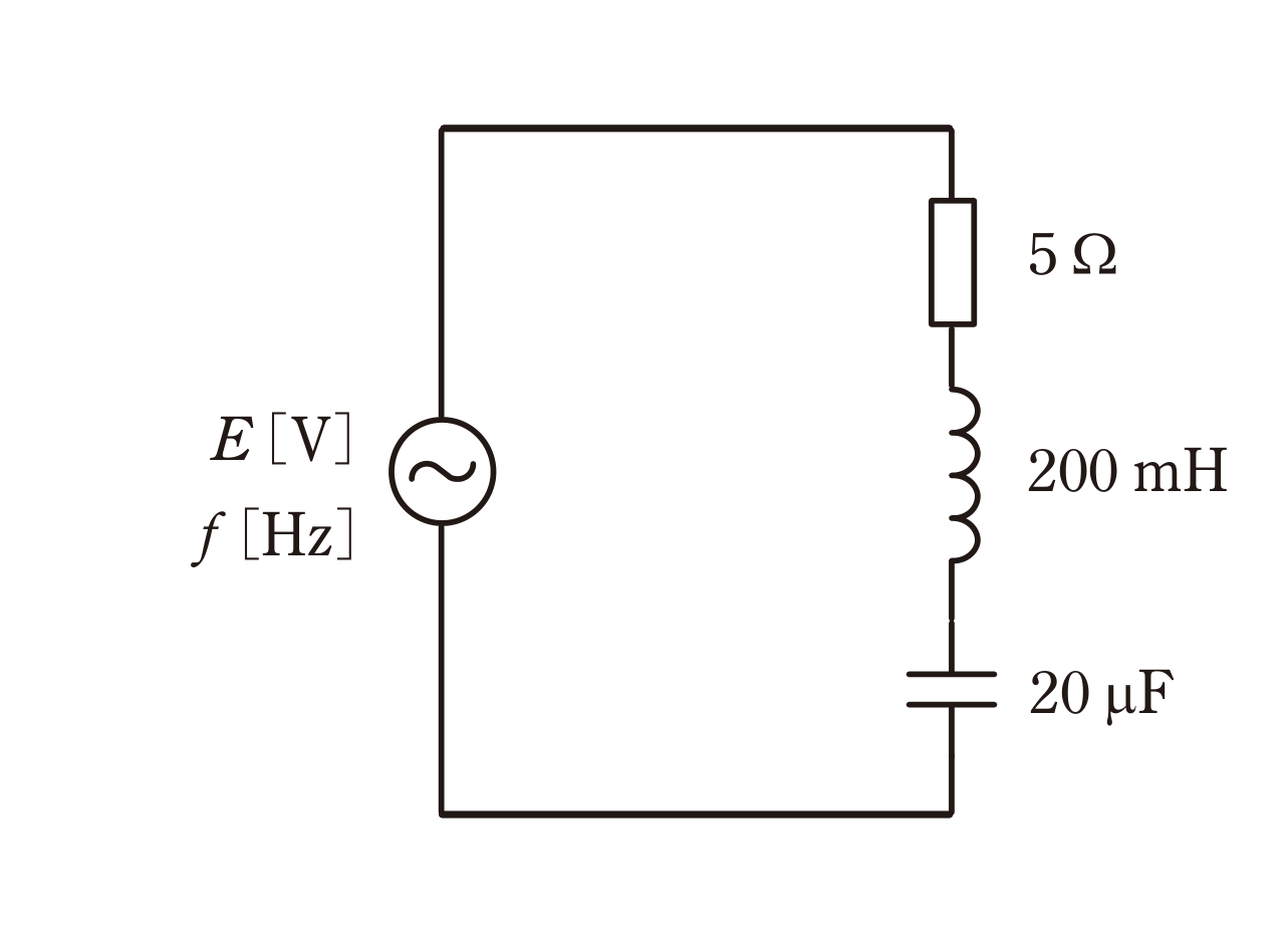 図　E電源・5Ω・200mH・20μFのRLC直列回路（問題図）