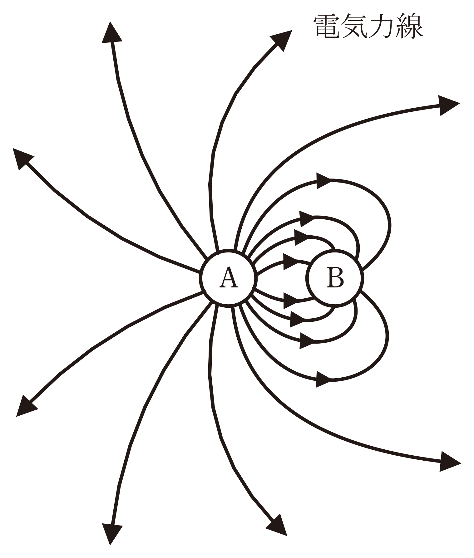 図　2つの導体球A・Bの周囲に描かれた電気力線（問題図）
