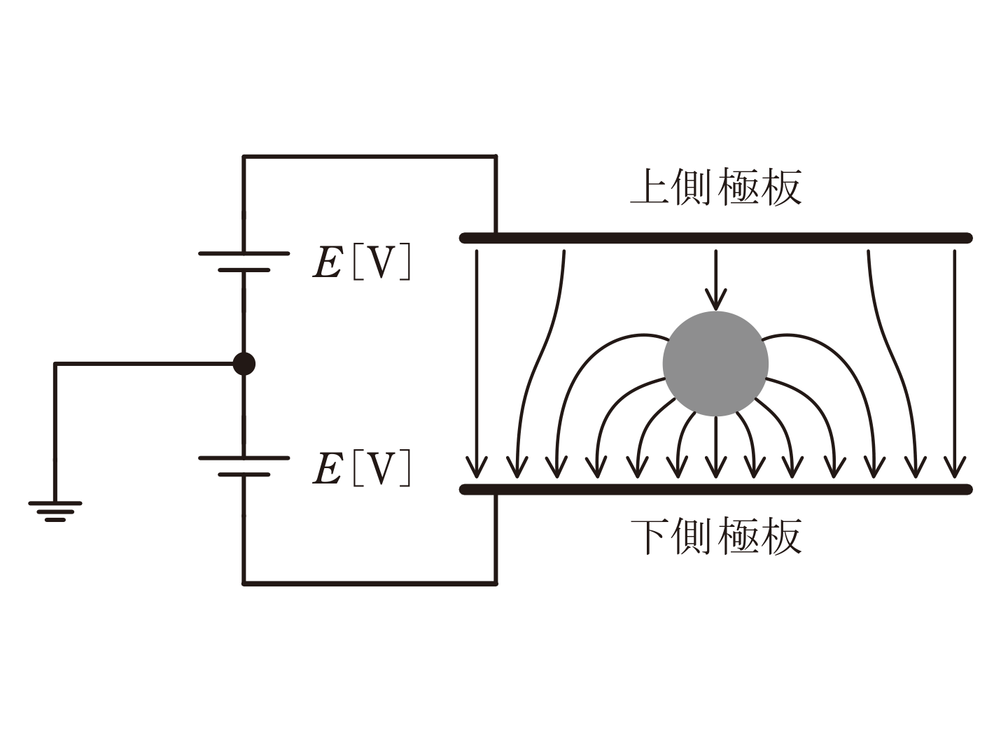 図　平行板コンデンサ中心の帯電導体球と電気力線（問題図）