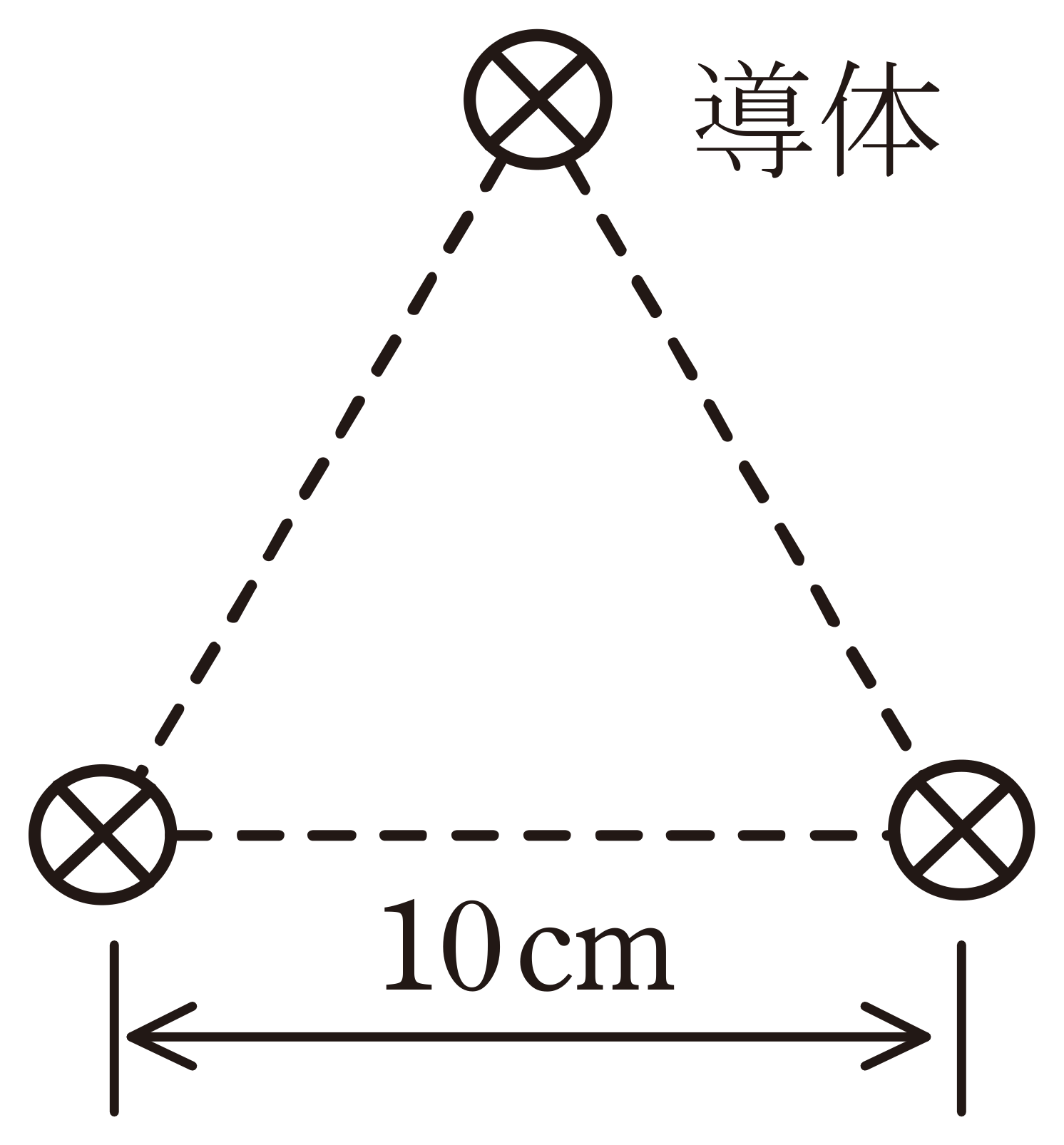 図　10cm間隔の正三角形の頂点に置いた3本の直線導体（同方向電流）（問題図）